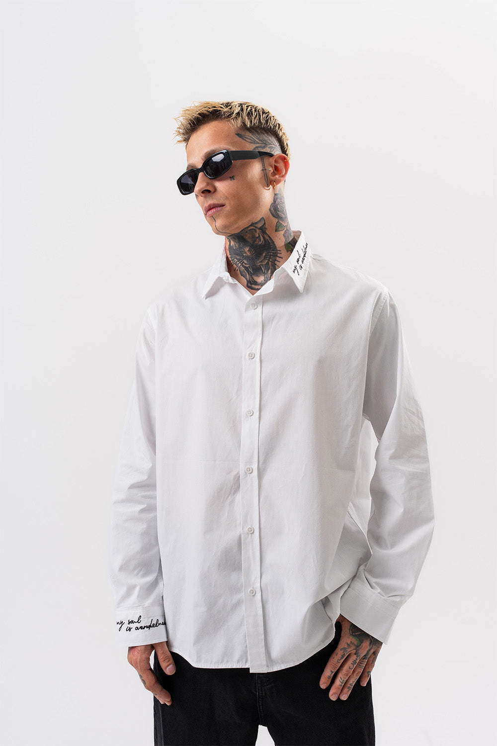 Respire-Erkek Nakış Detaylı Poplin Oversize Gömlek Beyaz-Gömlek-1-Milagron.com