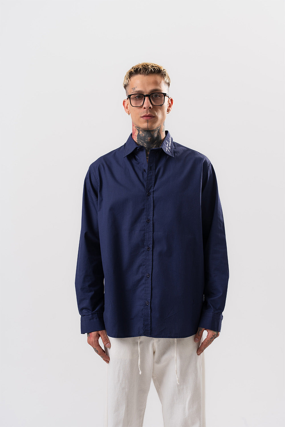 Respire-Erkek Nakış Detaylı Poplin Oversize Gömlek Lacivert-Gömlek-2-Milagron.com
