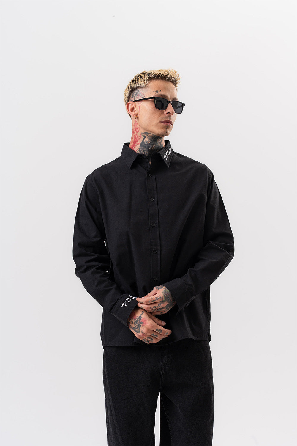 Respire-Erkek Nakış Detaylı Poplin Oversize Gömlek Siyah-Gömlek-1-Milagron.com