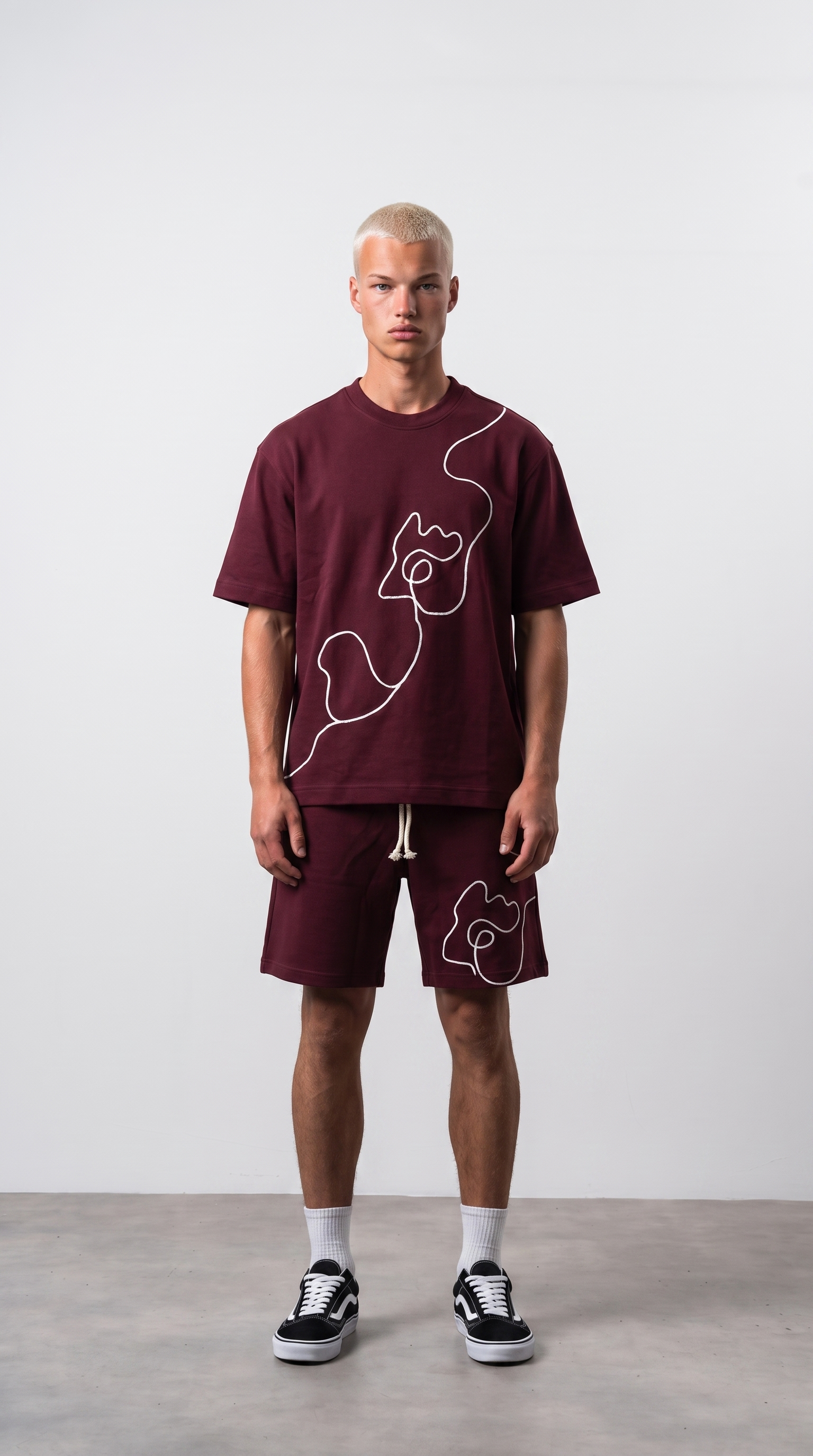 Erkek Nakış Detaylı Regular Fit T-Shirt Şort Takım Bordo