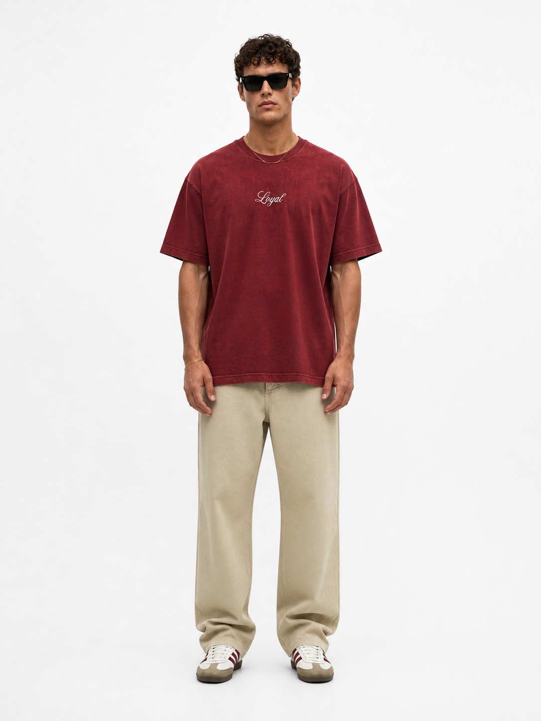 Erkek Nakış Detaylı Yıkamalı Oversize T-Shirt Bordo