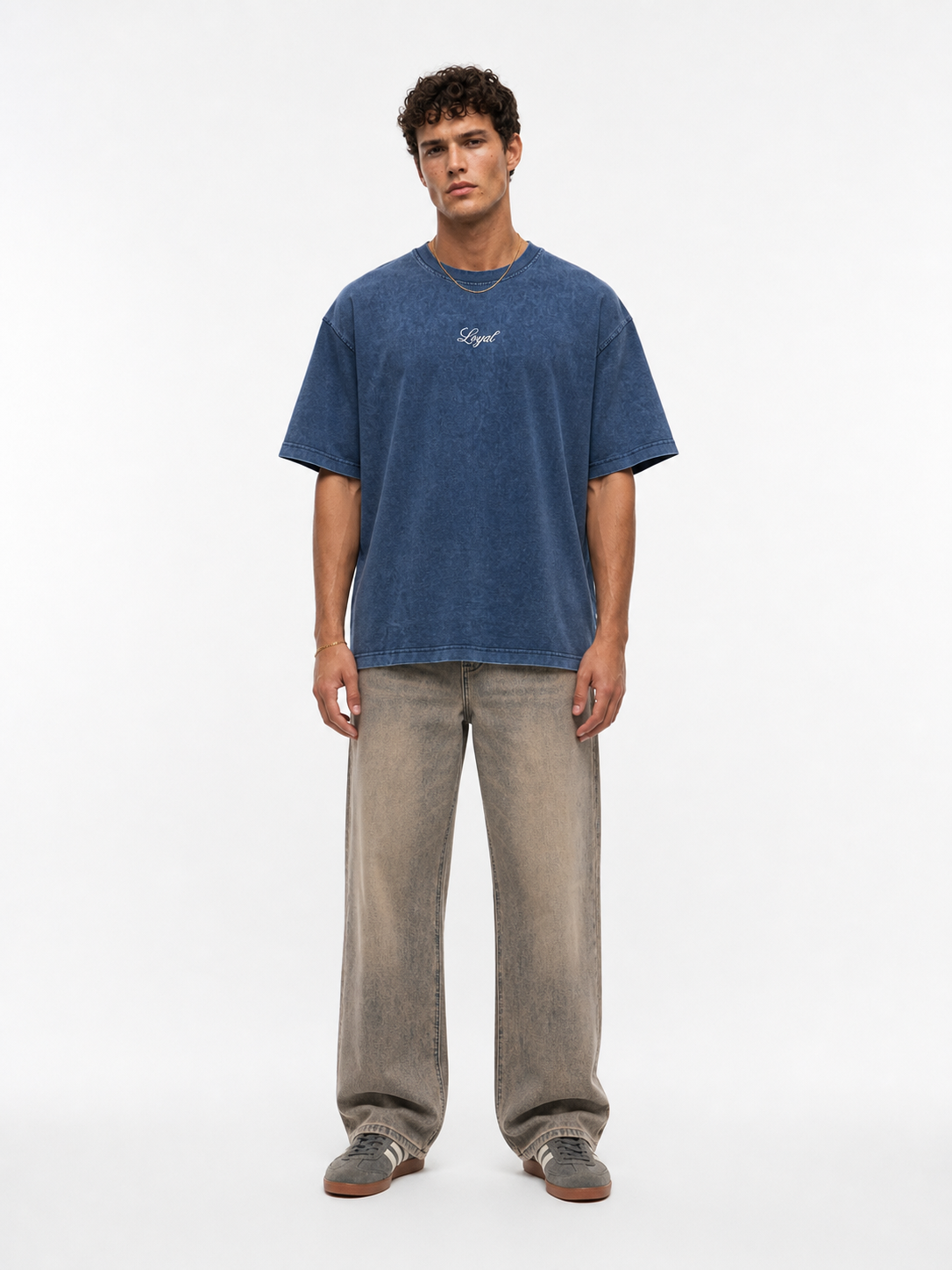 Erkek Nakış Detaylı Yıkamalı Oversize T-Shirt Lacivert
