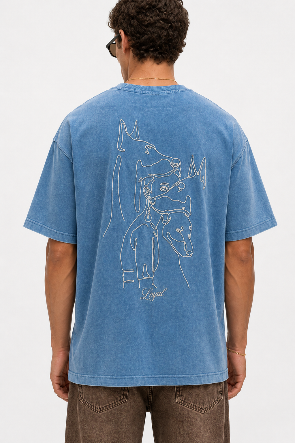 Erkek Nakış Detaylı Yıkamalı Oversize T-Shirt Mavi