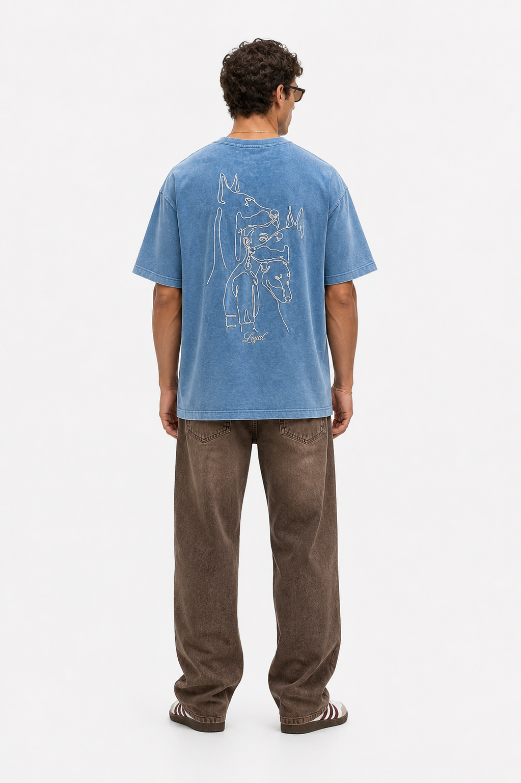 Erkek Nakış Detaylı Yıkamalı Oversize T-Shirt Mavi