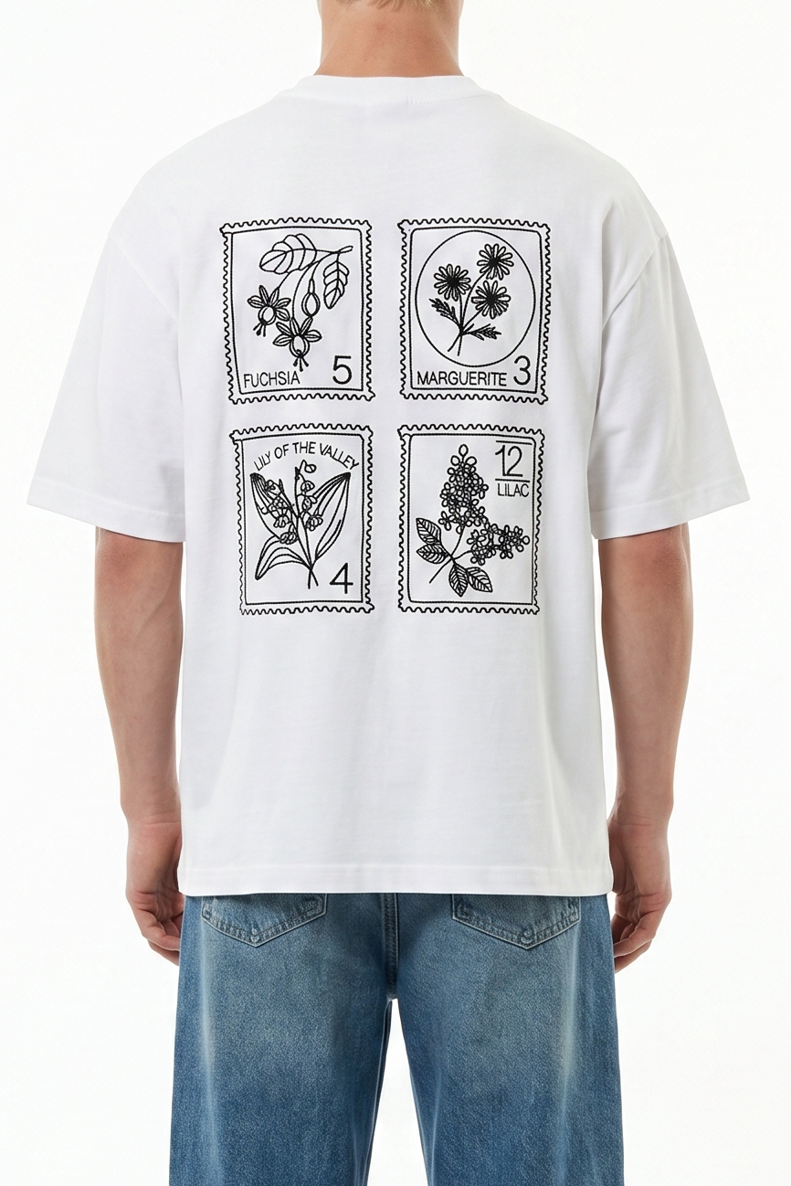 Erkek Nakışlı Oversize T-Shirt Ekru