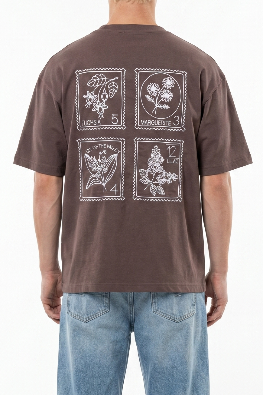 Erkek Nakışlı Oversize T-Shirt Kahve