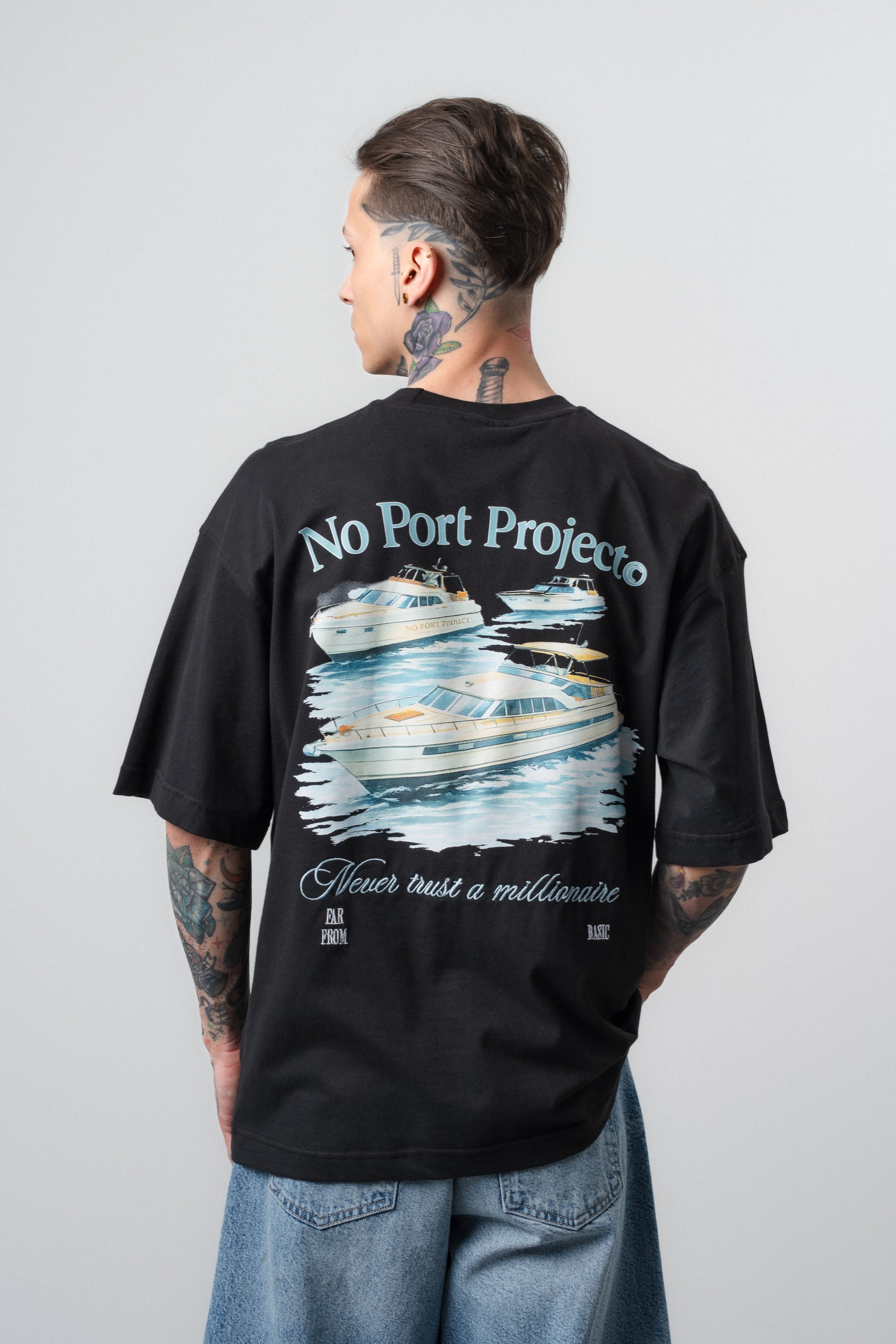 Erkek No Port Baskılı Oversize T-Shirt Siyah