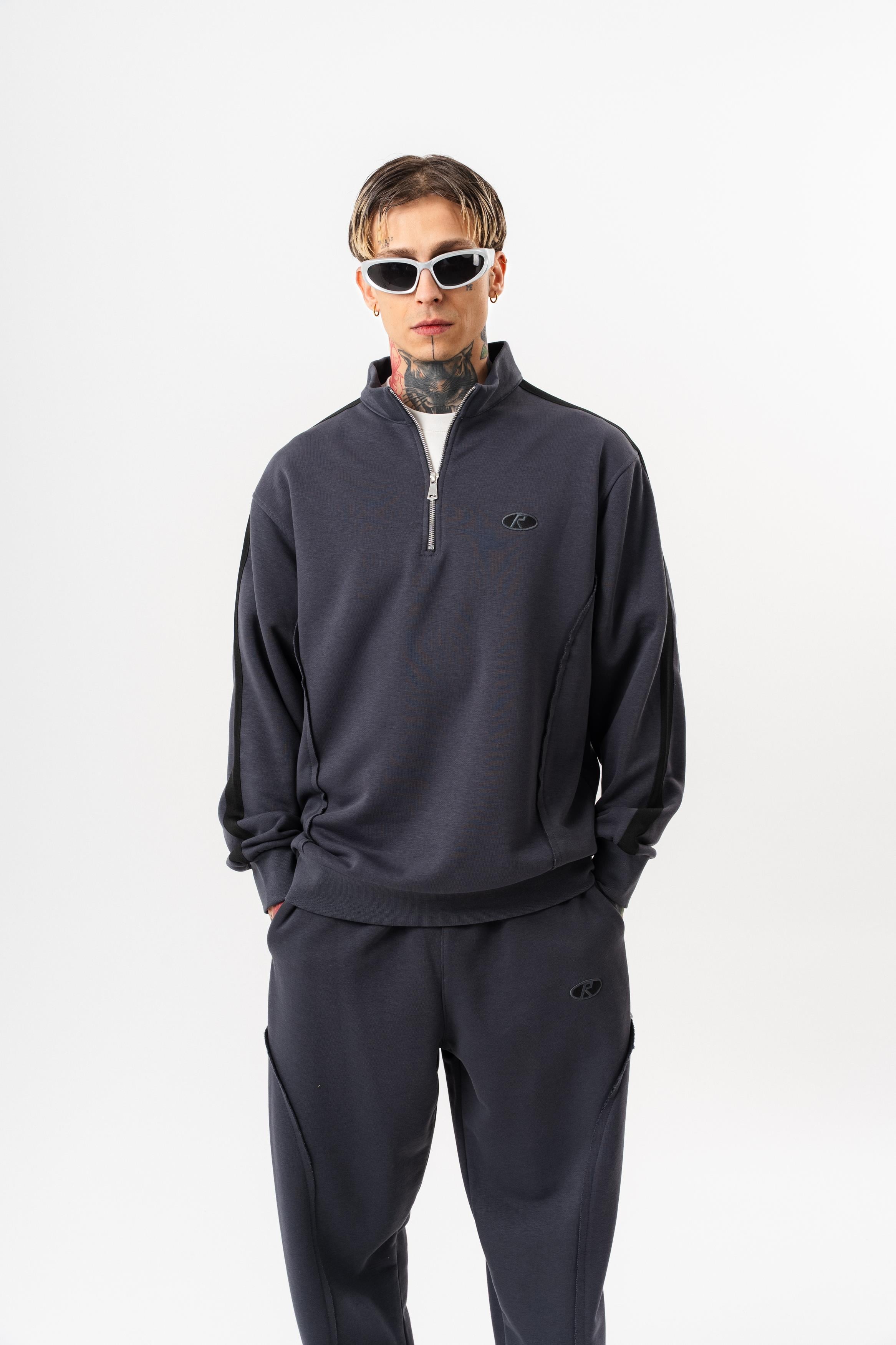 Erkek Pis Dikiş Detaylı Yarım Fermuarlı Diagonel Sweatshirt Füme