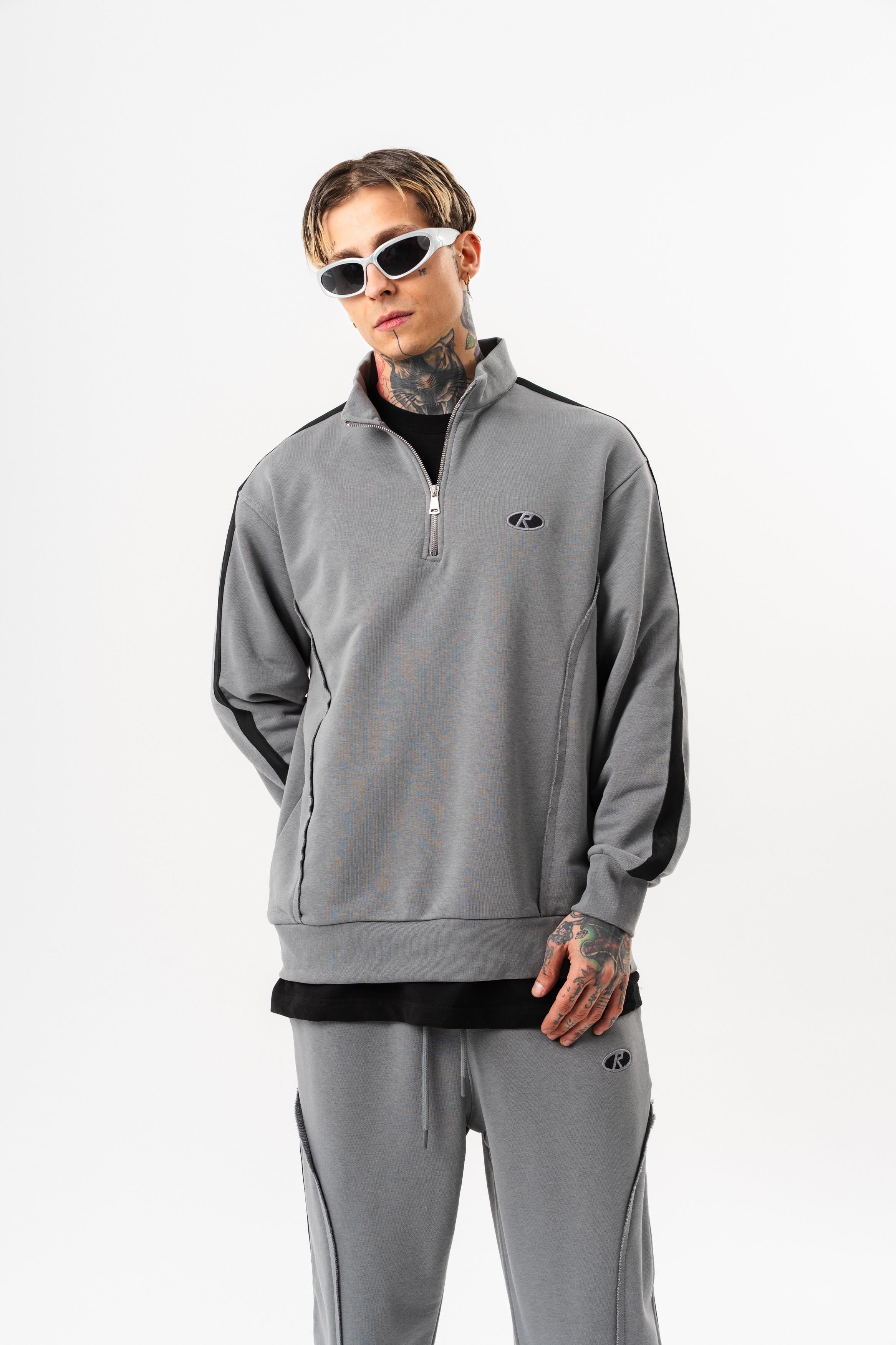 Erkek Pis Dikiş Detaylı Yarım Fermuarlı Diagonel Sweatshirt Gri
