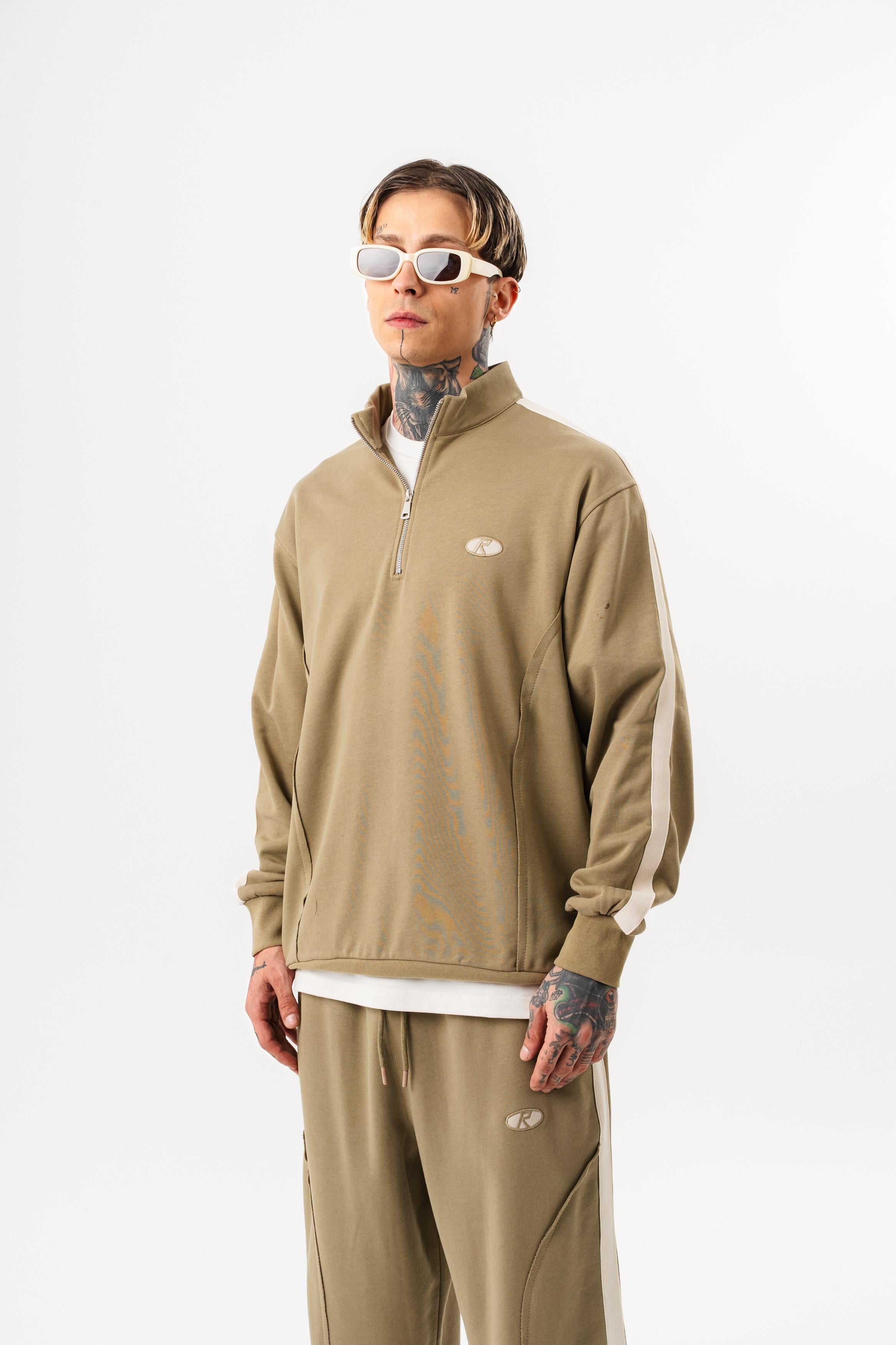 Erkek Pis Dikiş Detaylı Yarım Fermuarlı Diagonel Sweatshirt Haki