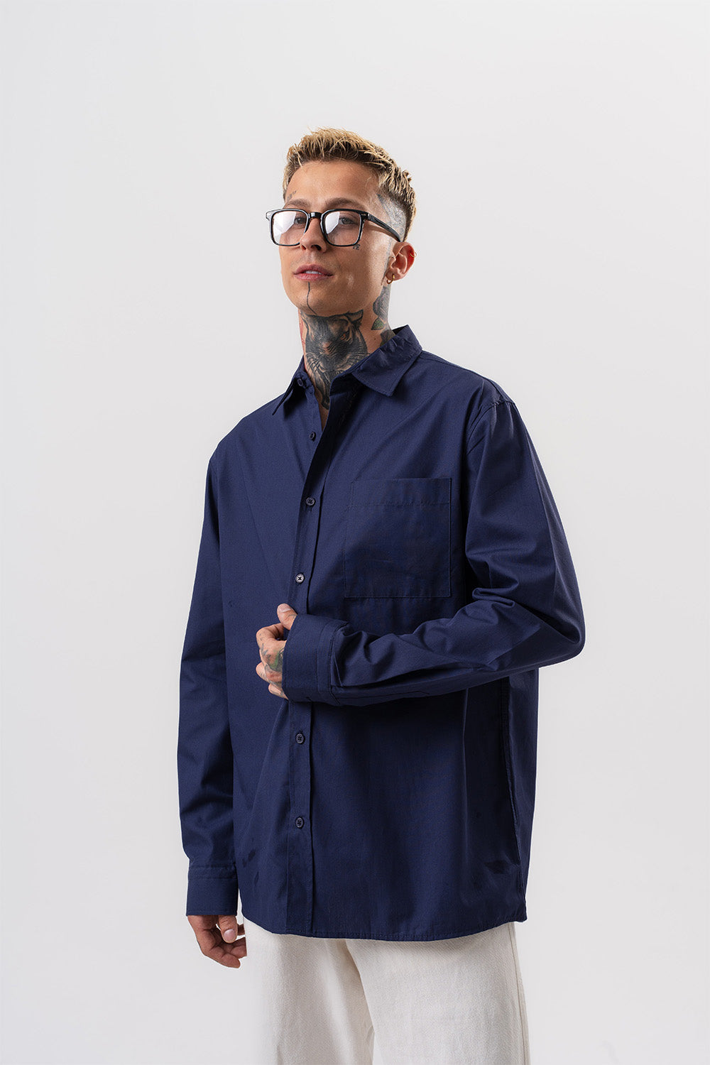 Respire-Erkek Poplin Oversize Gömlek Lacivert-Gömlek-1-Milagron.com