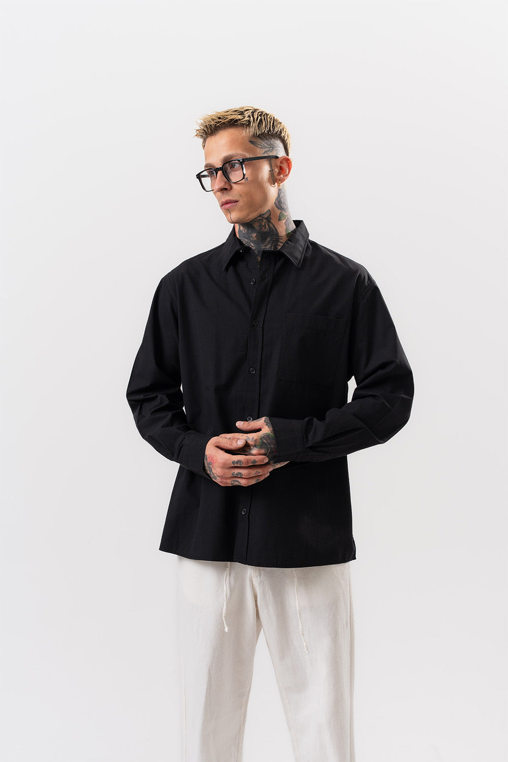 Respire-Erkek Poplin Oversize Gömlek Siyah-Gömlek-1-Milagron.com