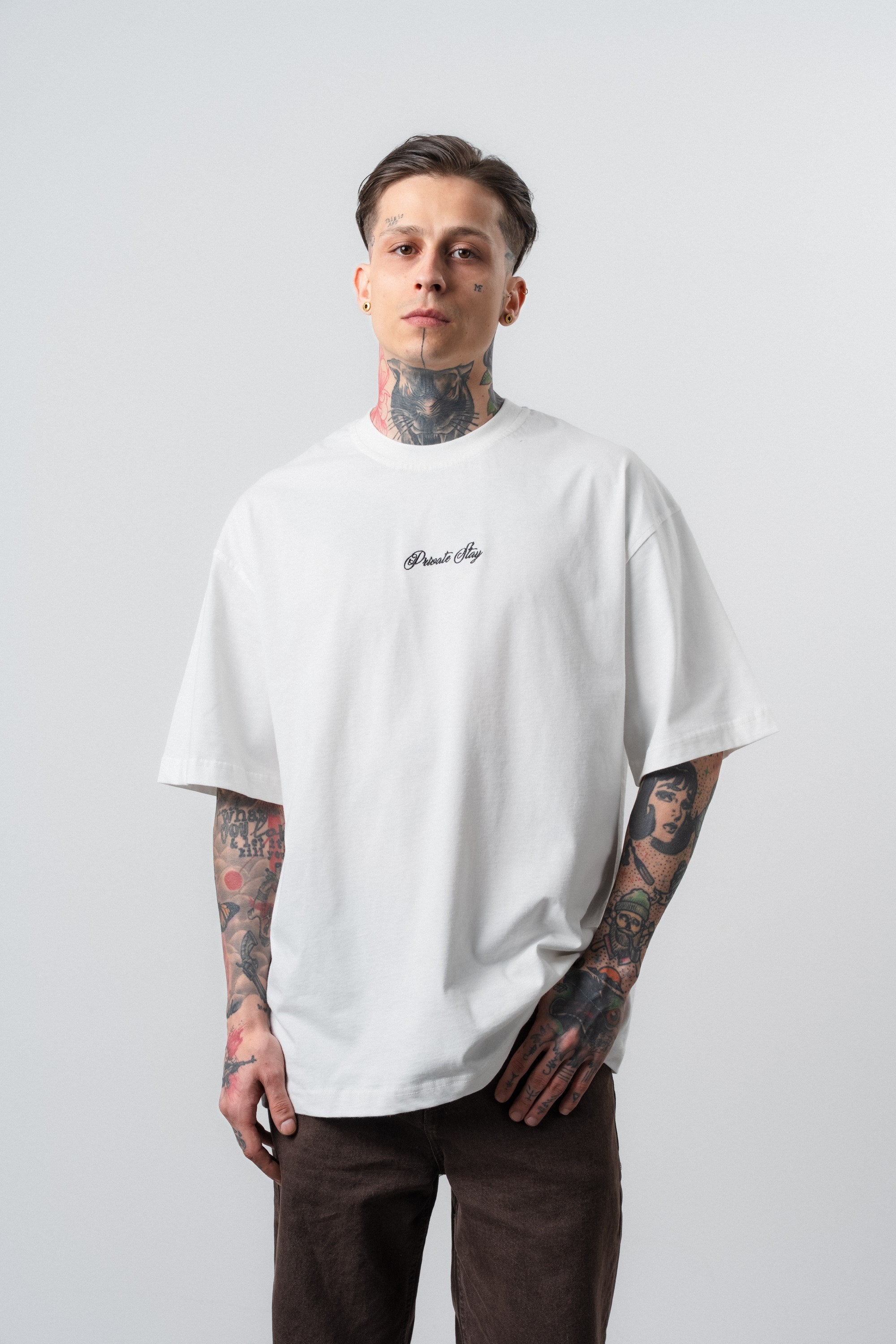 Erkek Private Baskılı Oversize T-Shirt Ekru