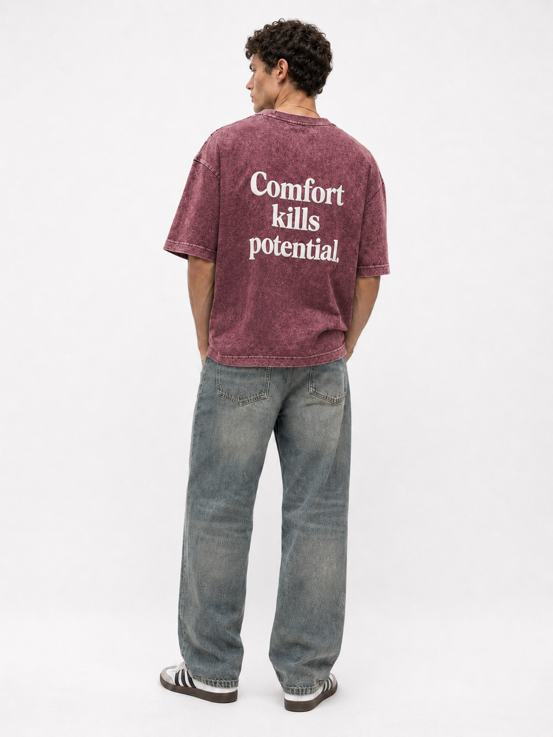 Erkek Puf Baskılı Yıkamalı Oversize T-Shirt Bordo