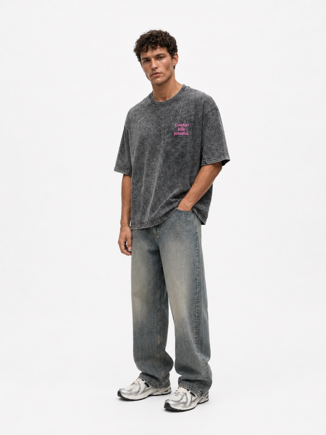 Erkek Puf Baskılı Yıkamalı Oversize T-Shirt Siyah