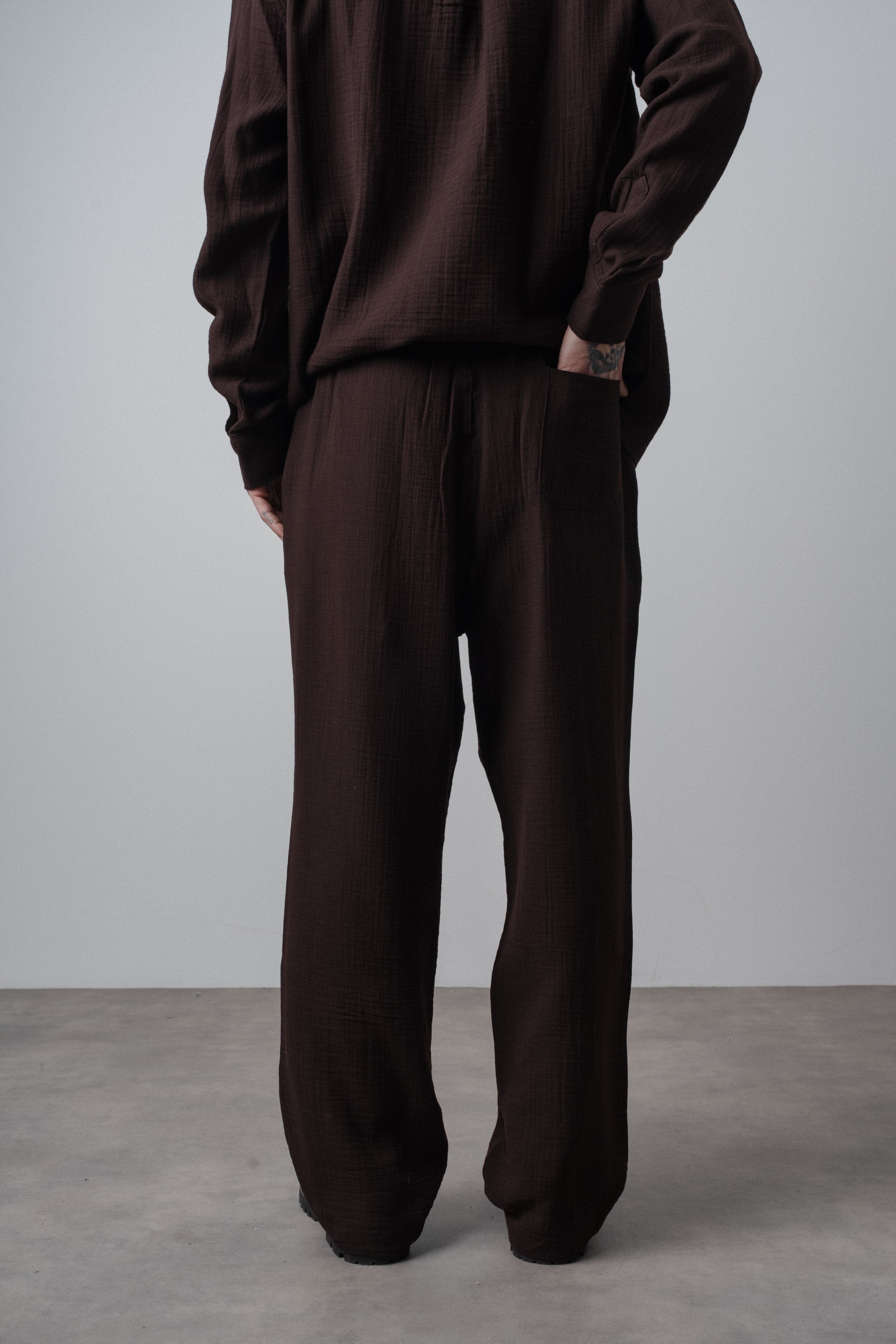 Erkek R Nakışlı Müslin Baggy Pantolon Acı Kahve