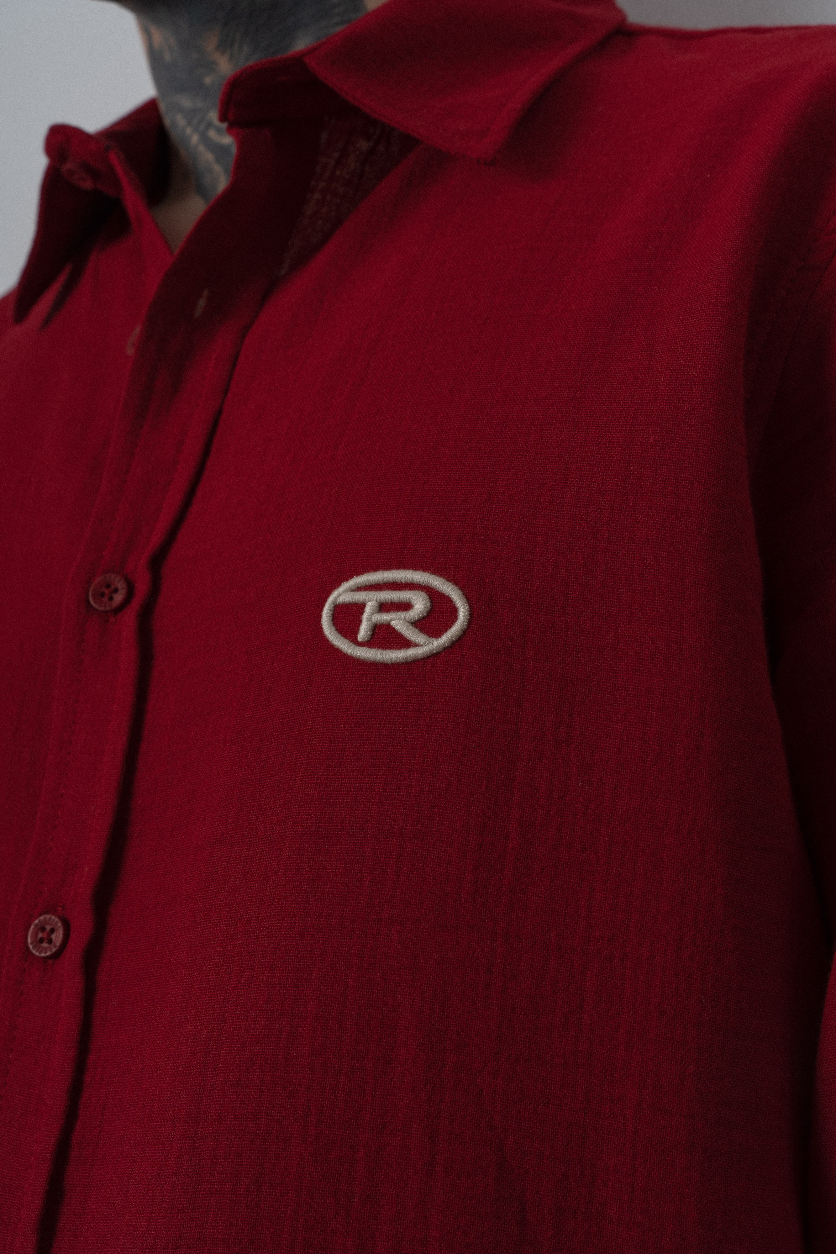 Erkek R Nakışlı Uzun Kollu Müslin Oversize Gömlek Bordo