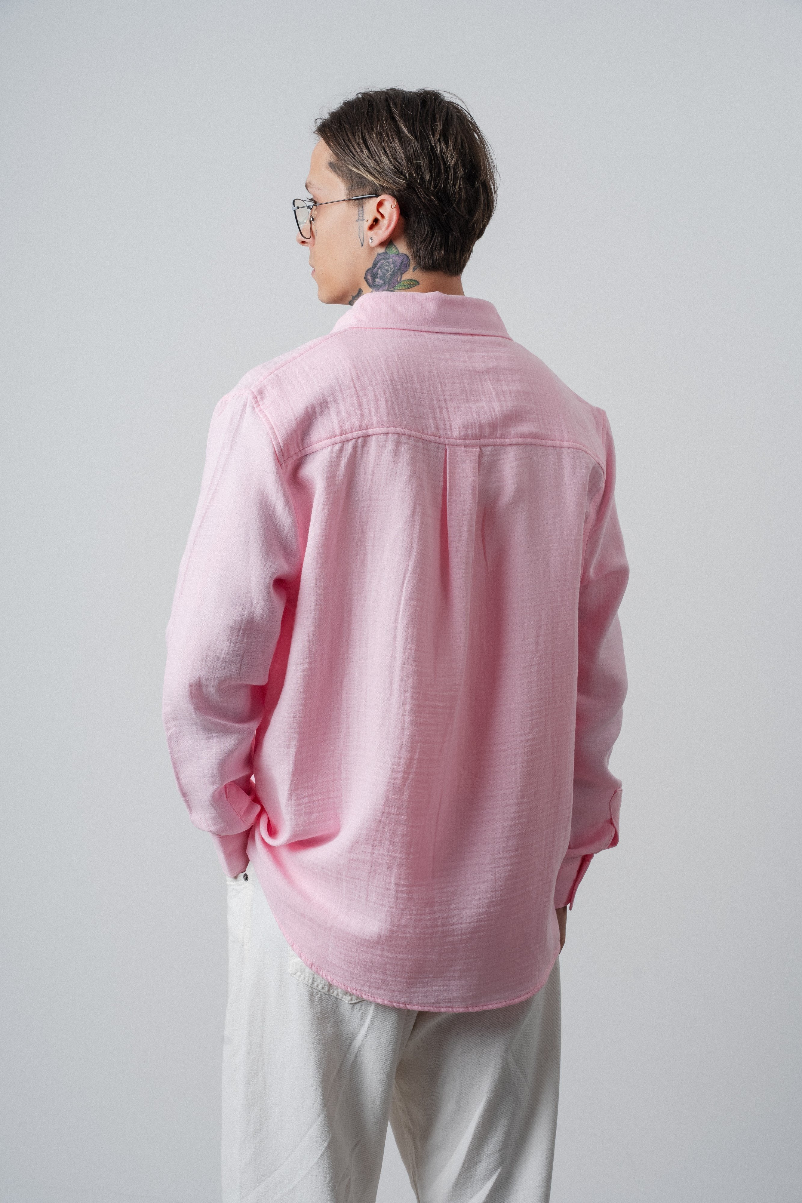 Erkek R Nakışlı Uzun Kollu Müslin Oversize Gömlek Pembe