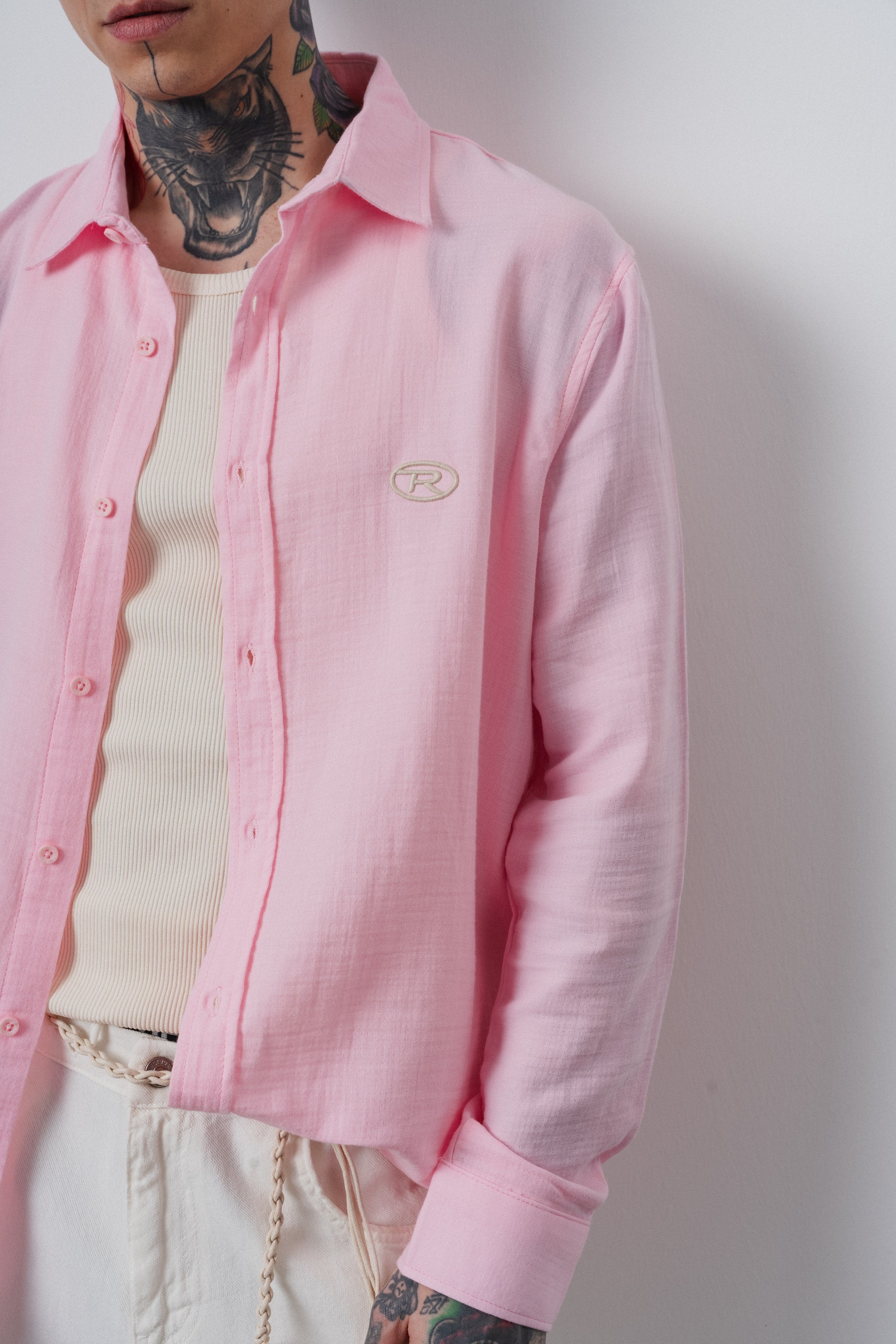Erkek R Nakışlı Uzun Kollu Müslin Oversize Gömlek Pembe