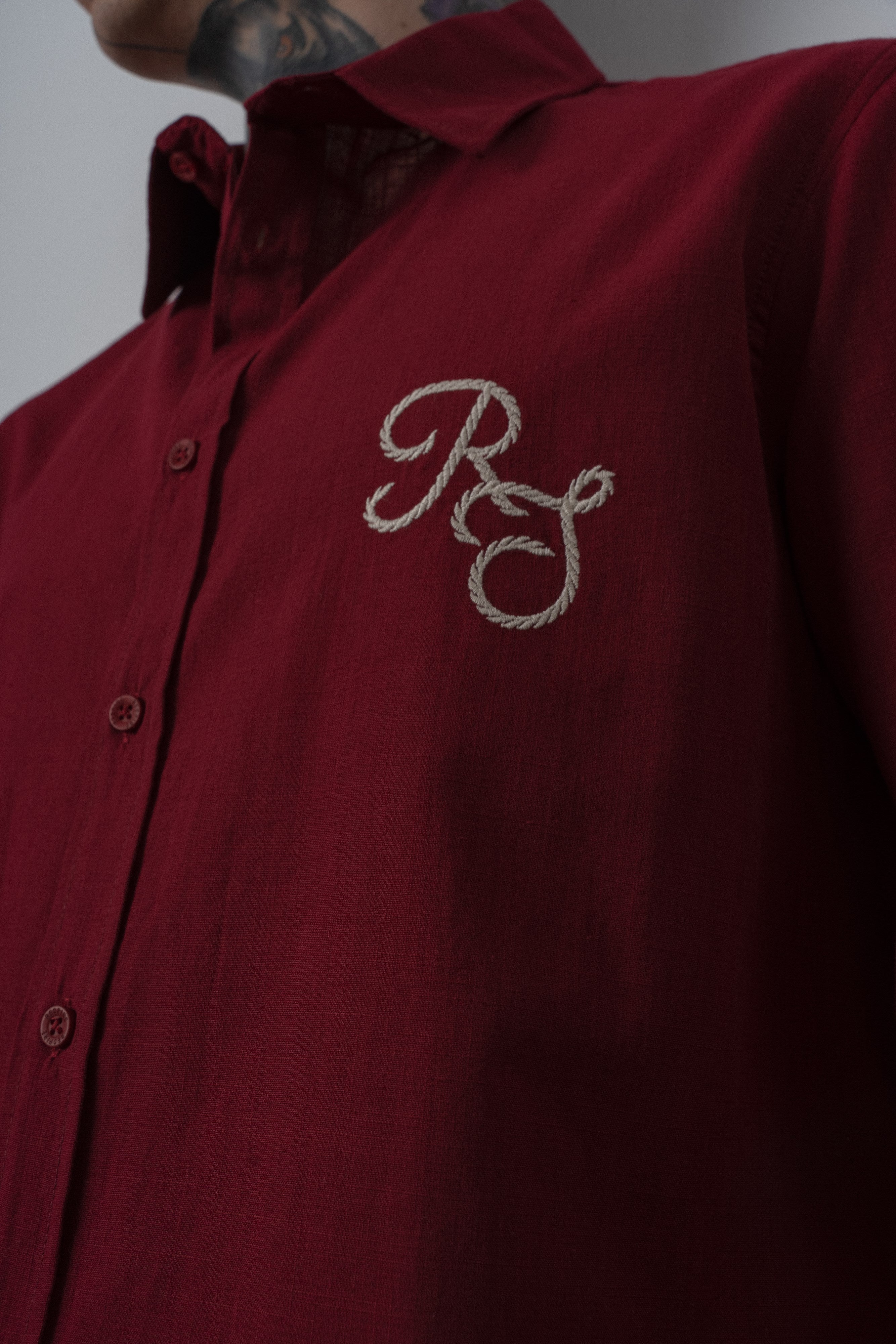 Erkek Res Nakışlı Uzun Kollu Keten Oversize Gömlek Bordo