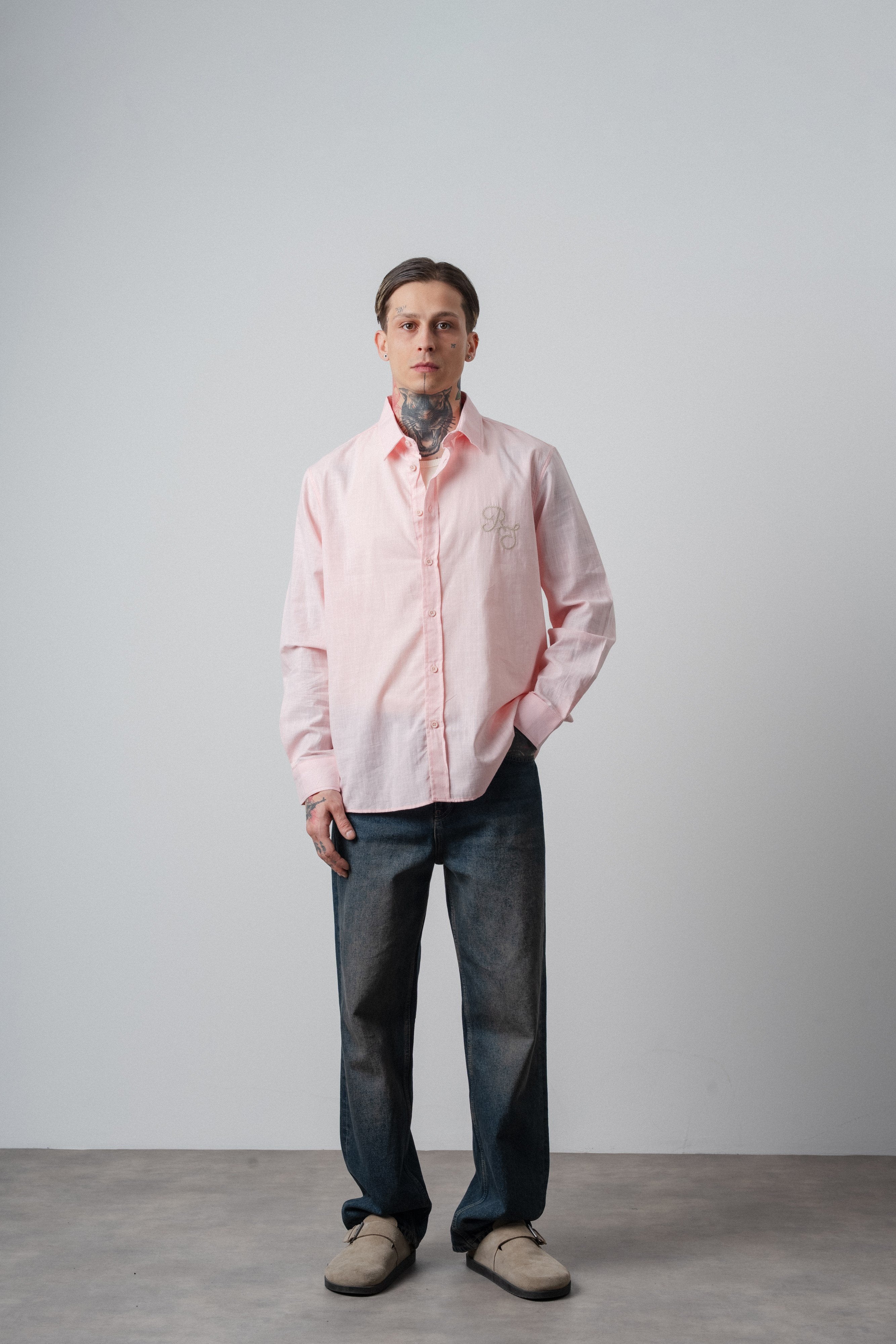 Erkek Res Nakışlı Uzun Kollu Keten Oversize Gömlek Pembe