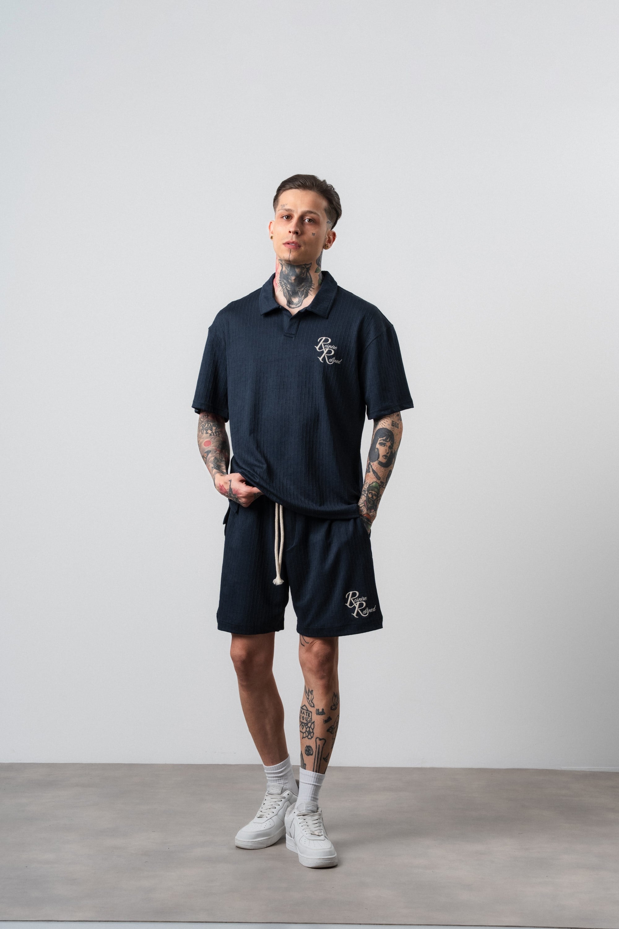 Erkek Respire Relined Yazılı Regular Fit T-Shirt Şort Takım Lacivert