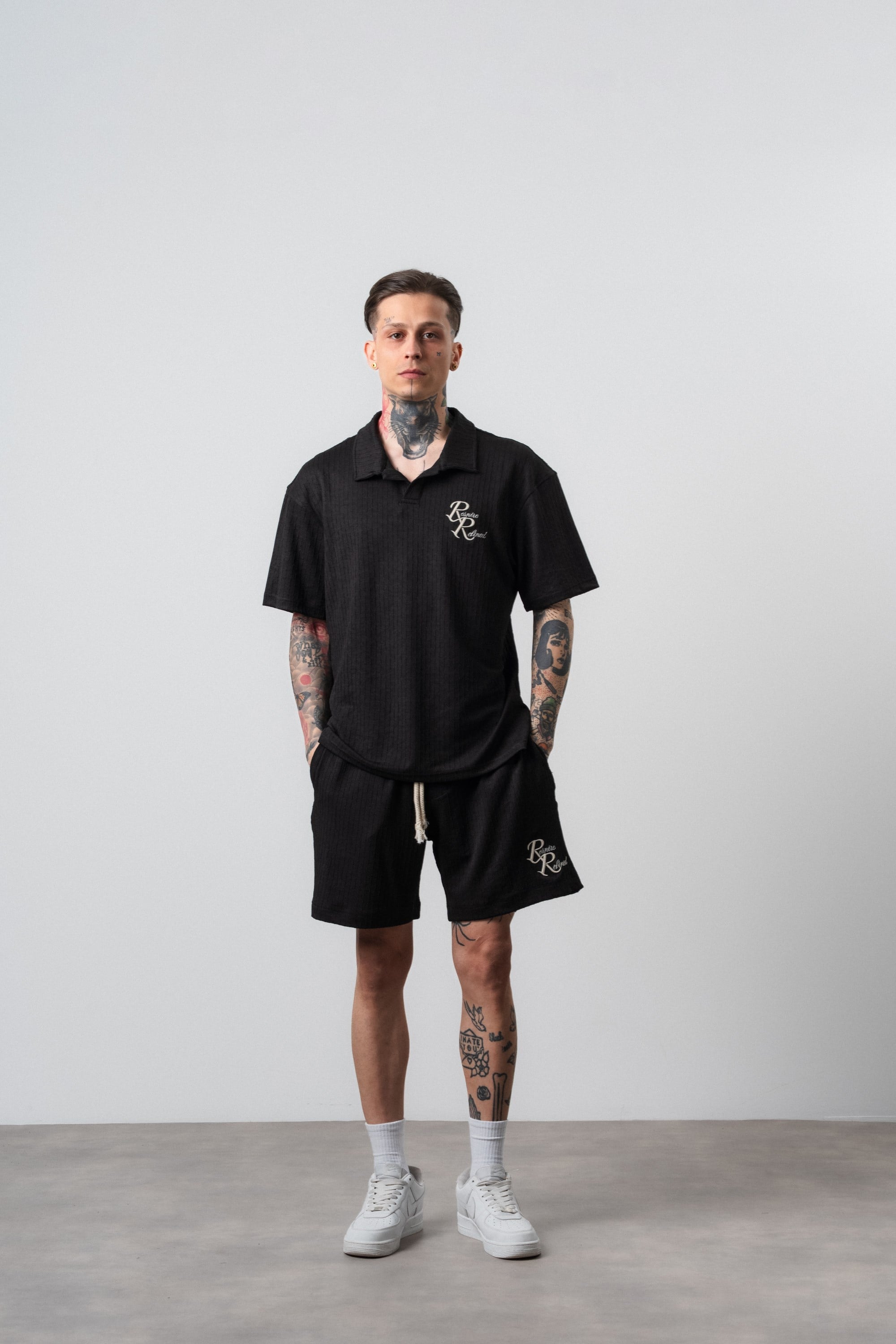 Erkek Respire Relined Yazılı Regular Fit T-Shirt Şort Takım Siyah