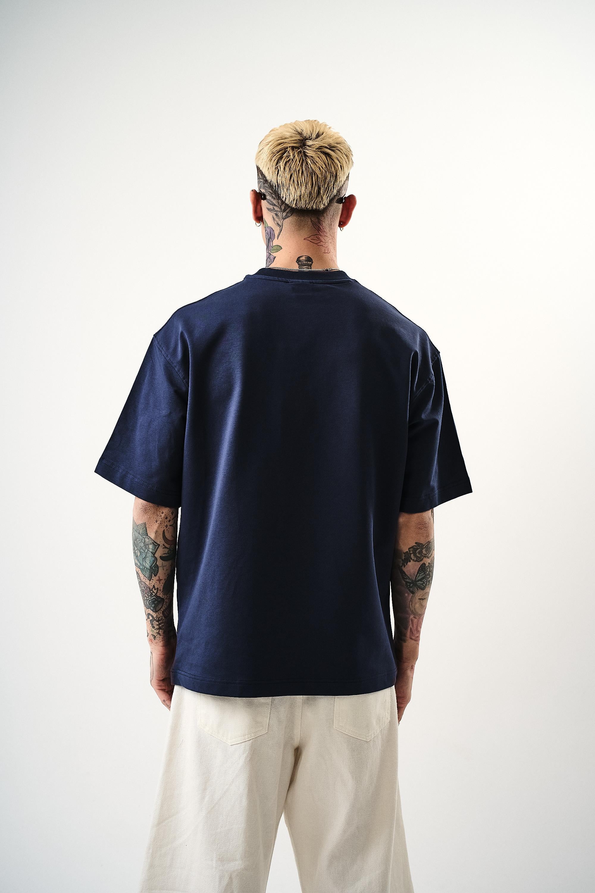 Erkek Respire Yazı Detaylı Oversize T-Shirt İNdigo