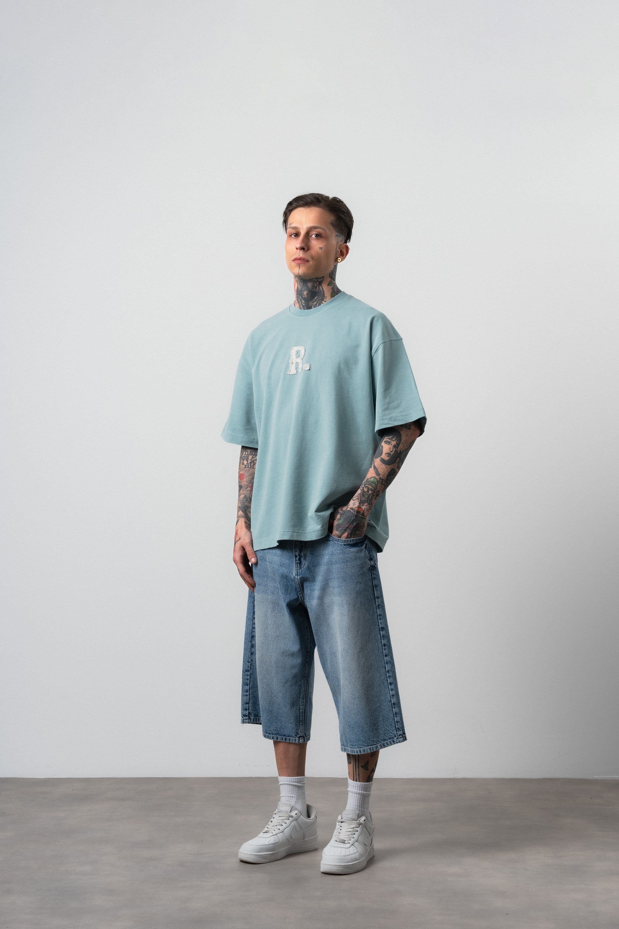 Erkek Revere Nakışlı Yıkamalı Oversize T-Shirt Bebe Mavi