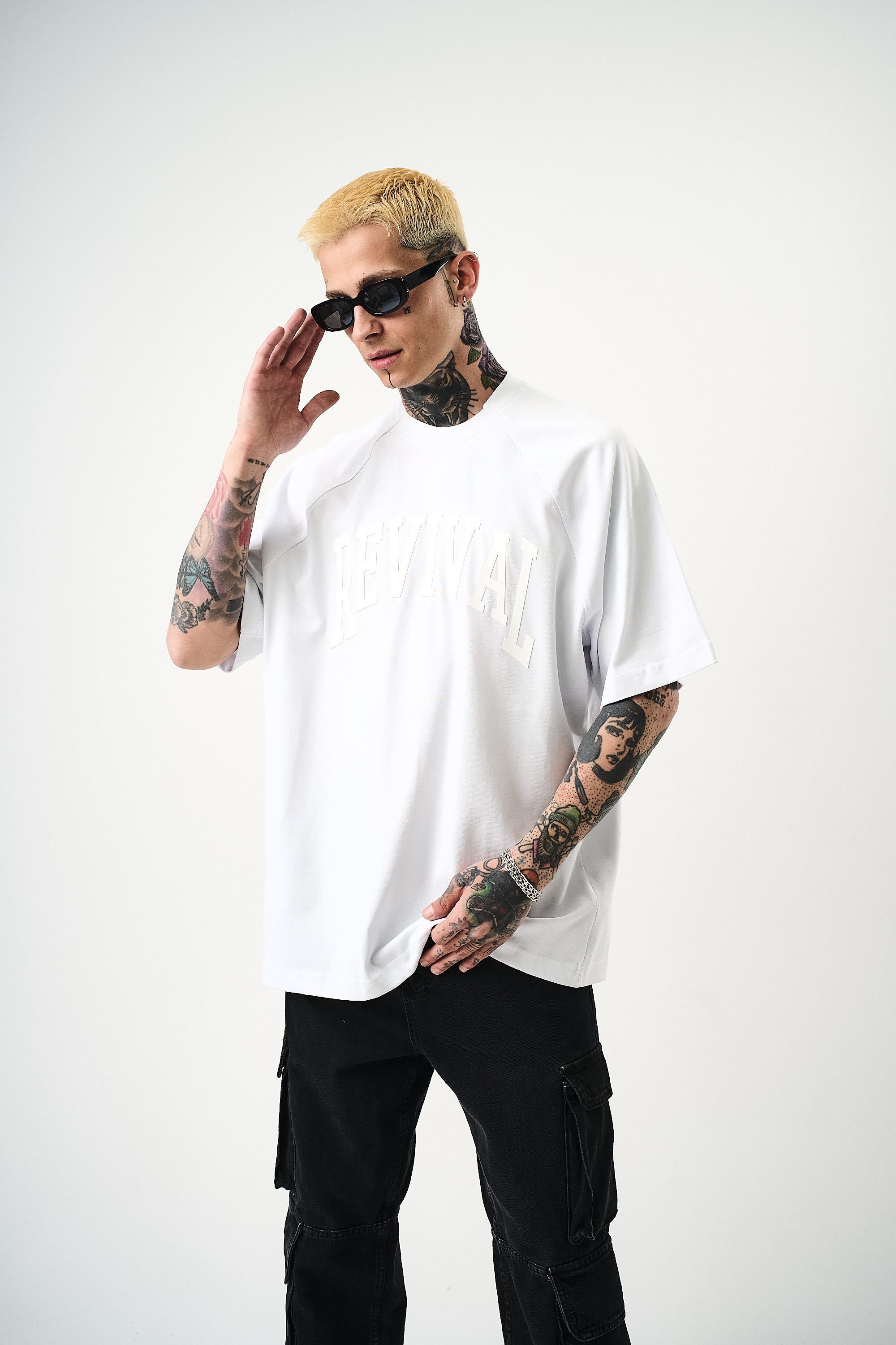 Erkek Revival Baskılı Oversize T-Shirt Beyaz