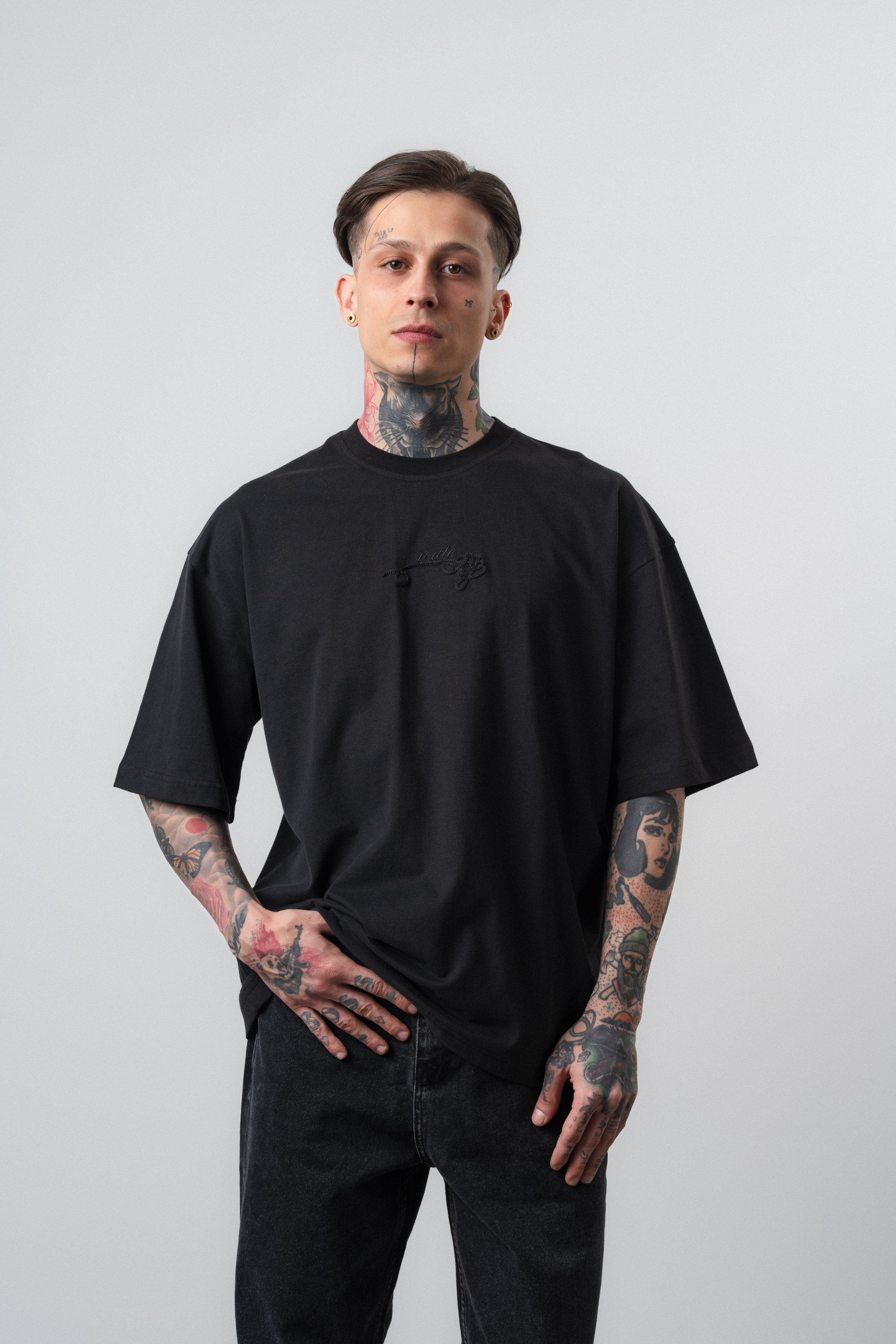 Erkek Route Nakışlı Oversize T-Shirt Siyah