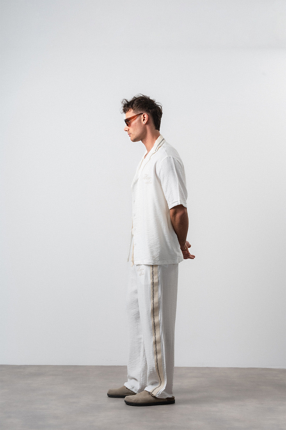 Respire-Erkek Şerit Detaylı Keten Oversize Gömlek Pantolon Takım Ekru-Alt - Üst Takım-3-Milagron.com