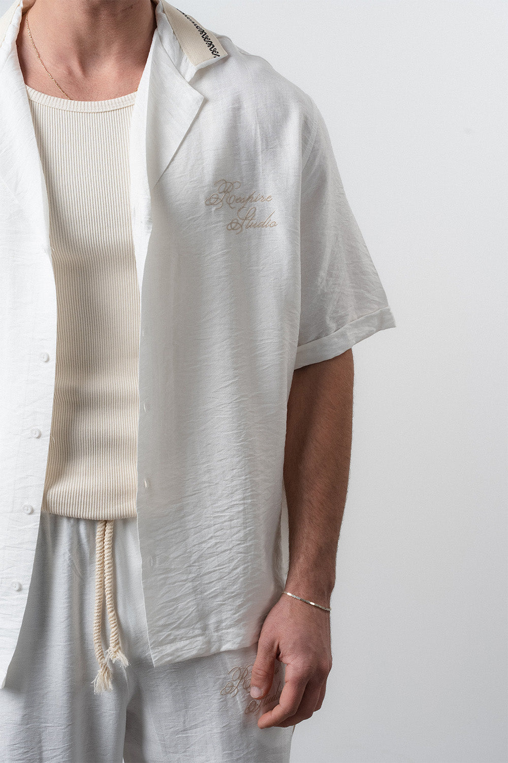 Respire-Erkek Şerit Detaylı Keten Oversize Gömlek Pantolon Takım Ekru-Alt - Üst Takım-5-Milagron.com