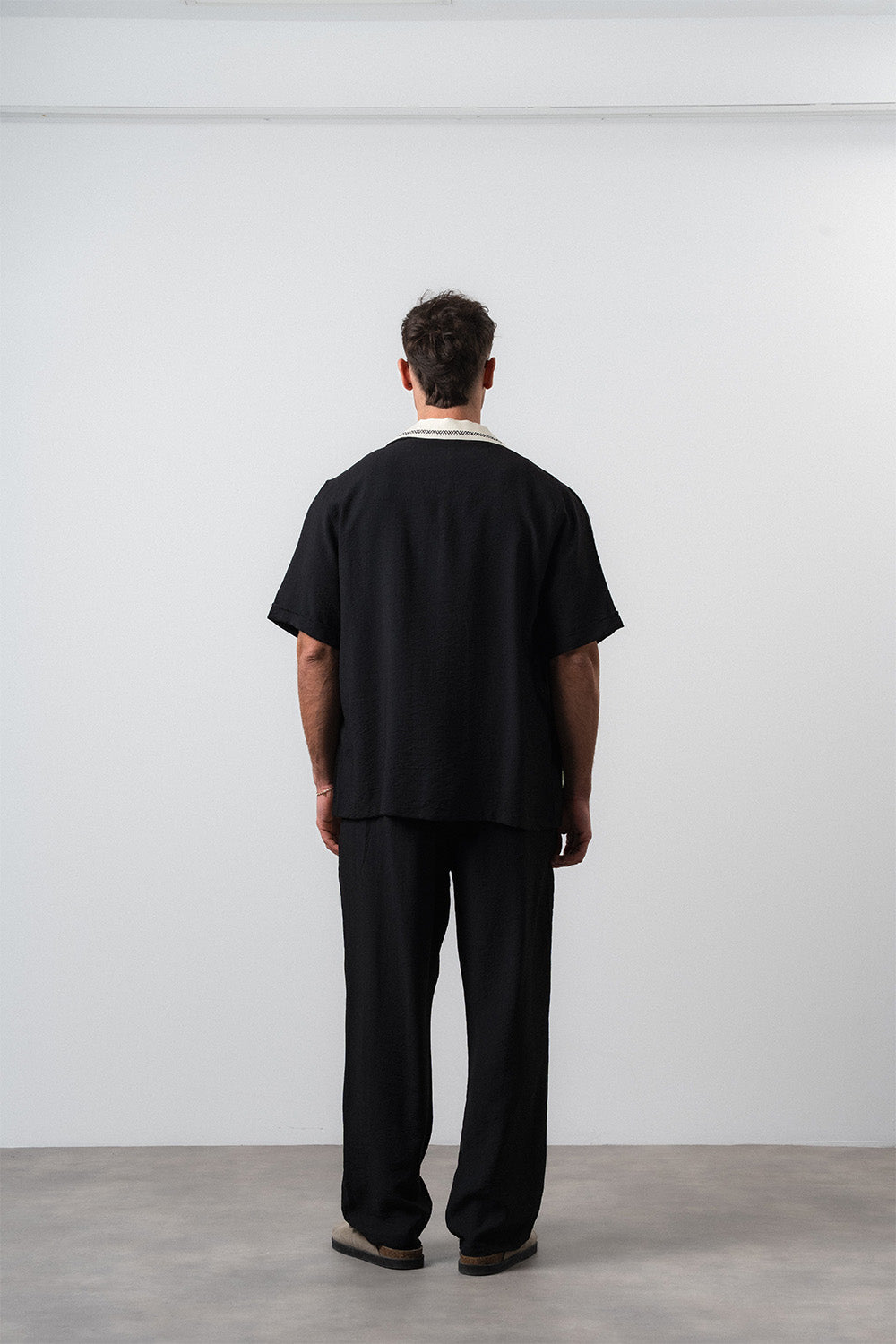 Respire-Erkek Şerit Detaylı Keten Oversize Gömlek Pantolon Takım Siyah-Alt - Üst Takım-4-Milagron.com