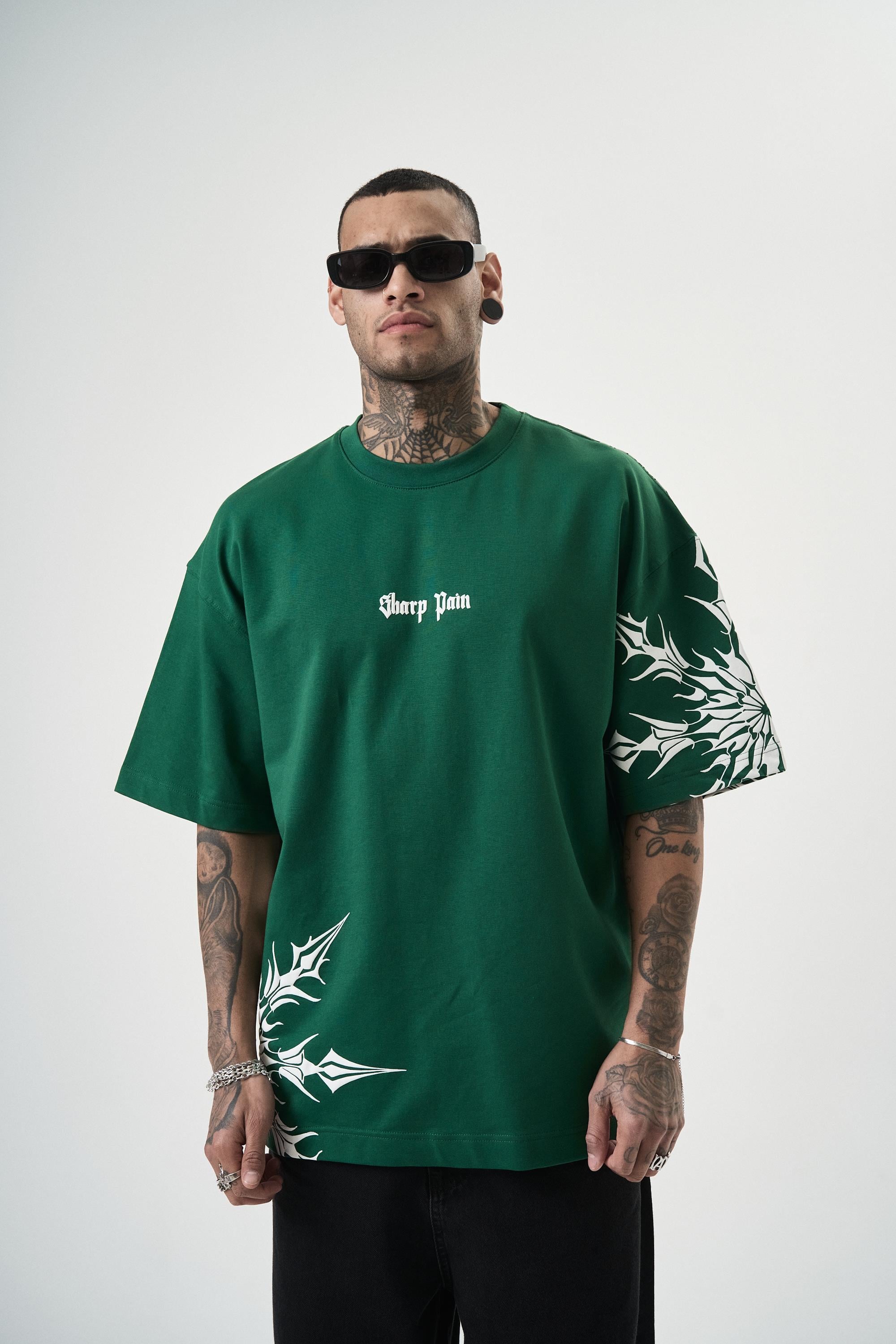 Erkek Sharp Pain Baskılı Oversize T-Shirt Nefti