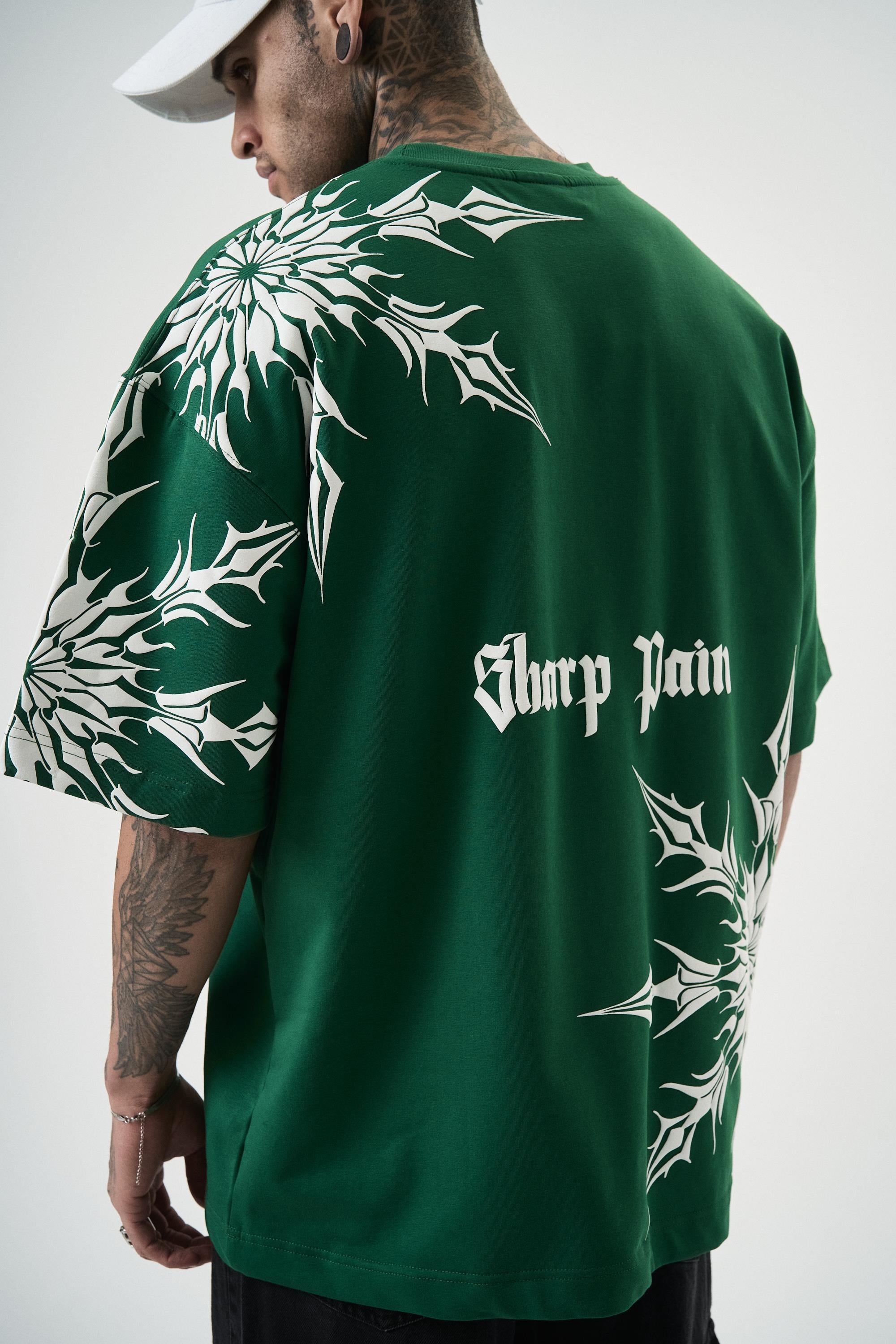 Erkek Sharp Pain Baskılı Oversize T-Shirt Nefti