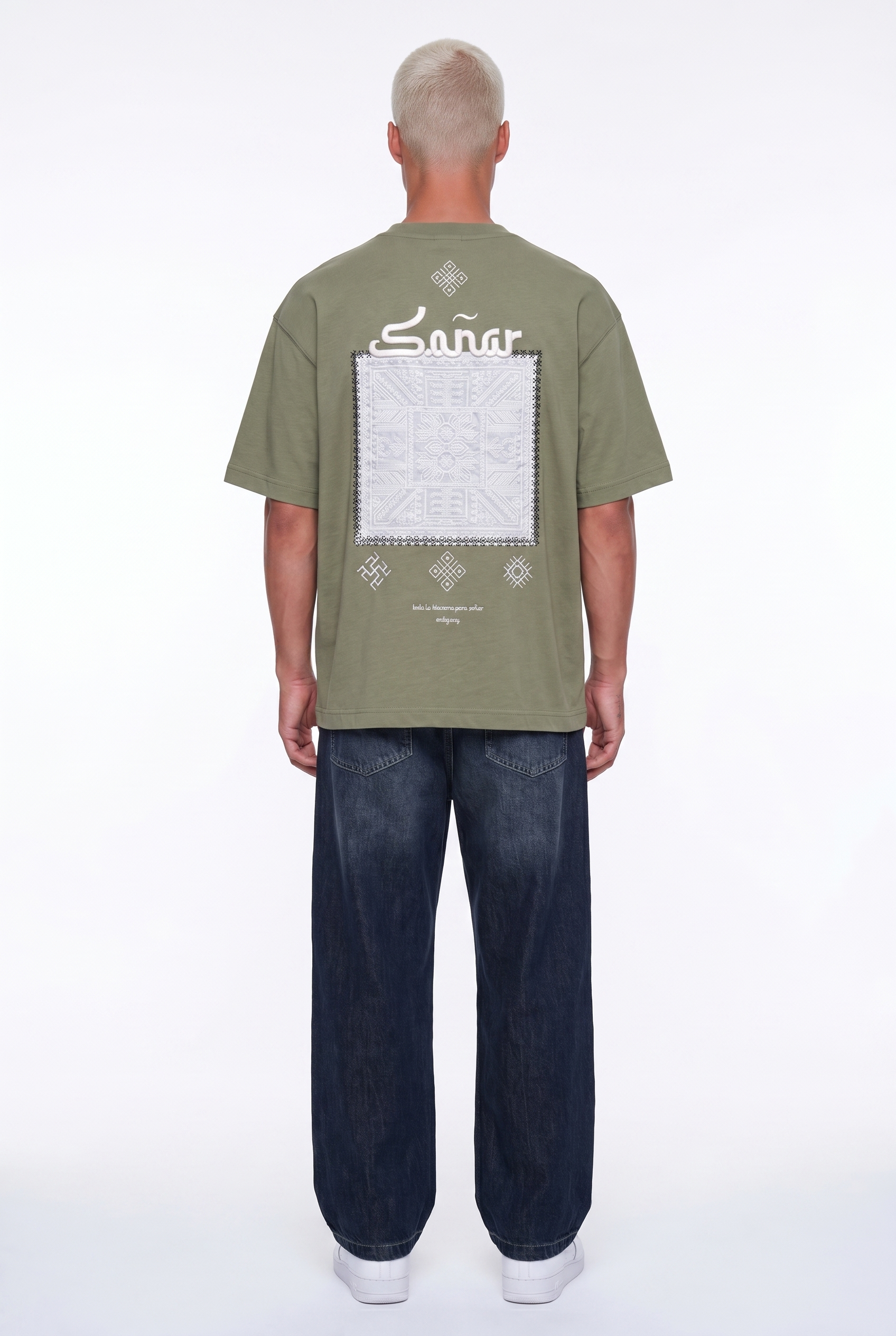 Erkek Sonar Nakış Detaylı Oversize T-Shirt Haki