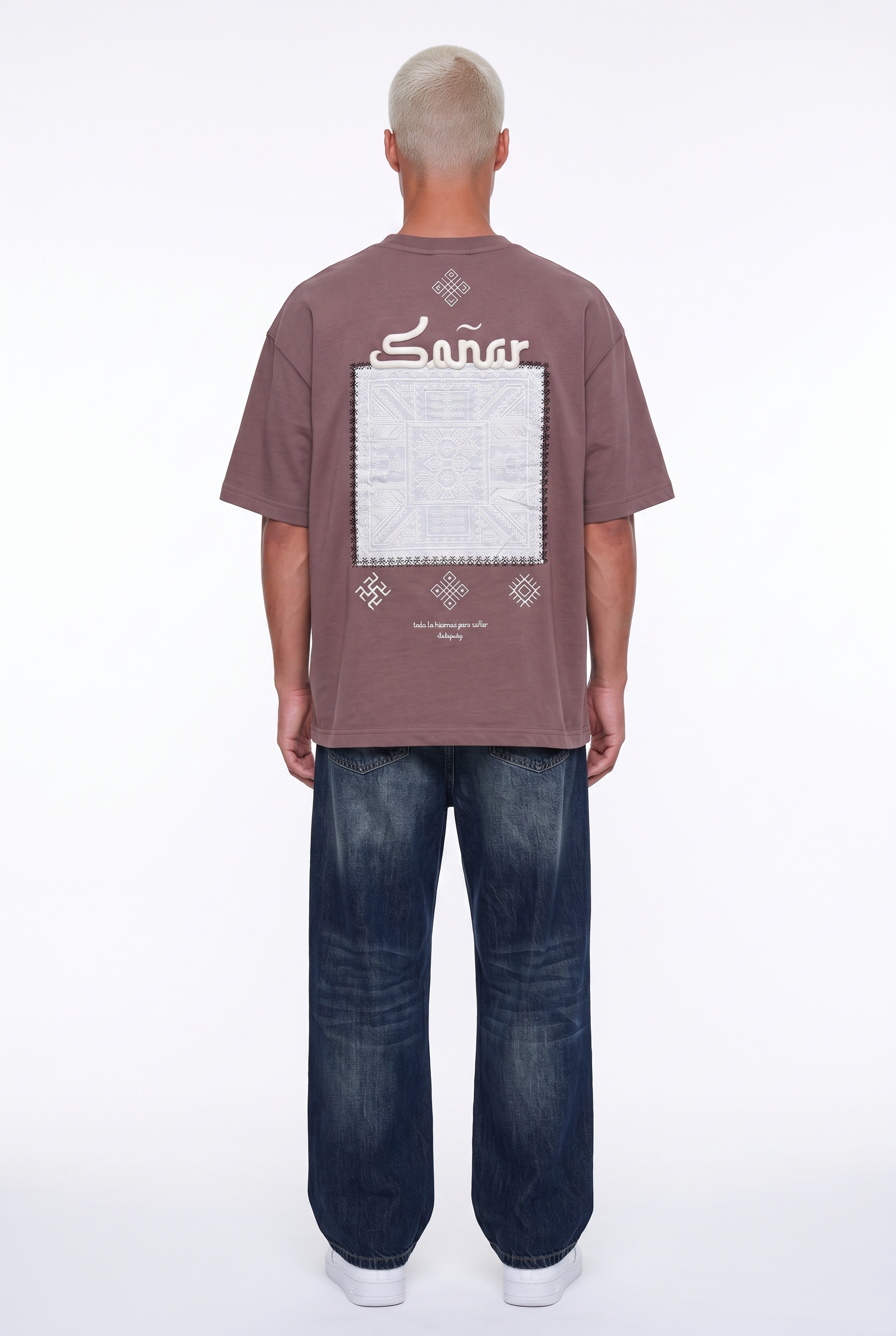 Erkek Sonar Nakış Detaylı Oversize T-Shirt Kahve