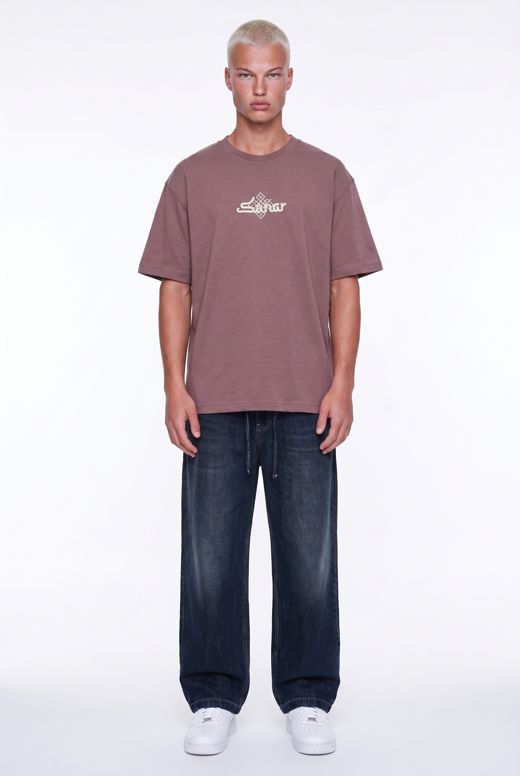 Erkek Sonar Nakış Detaylı Oversize T-Shirt Kahve