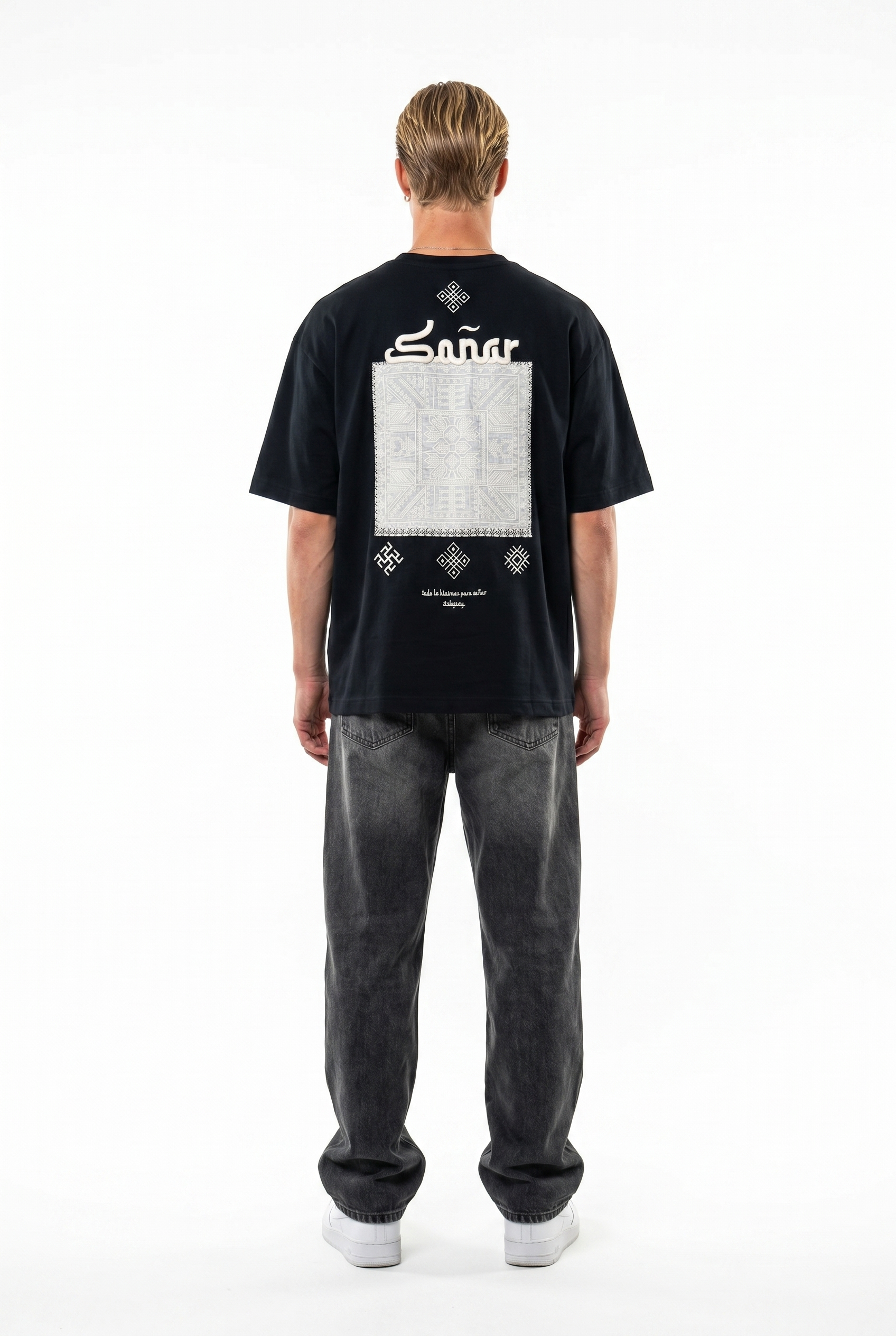 Erkek Sonar Nakış Detaylı Oversize T-Shirt Siyah
