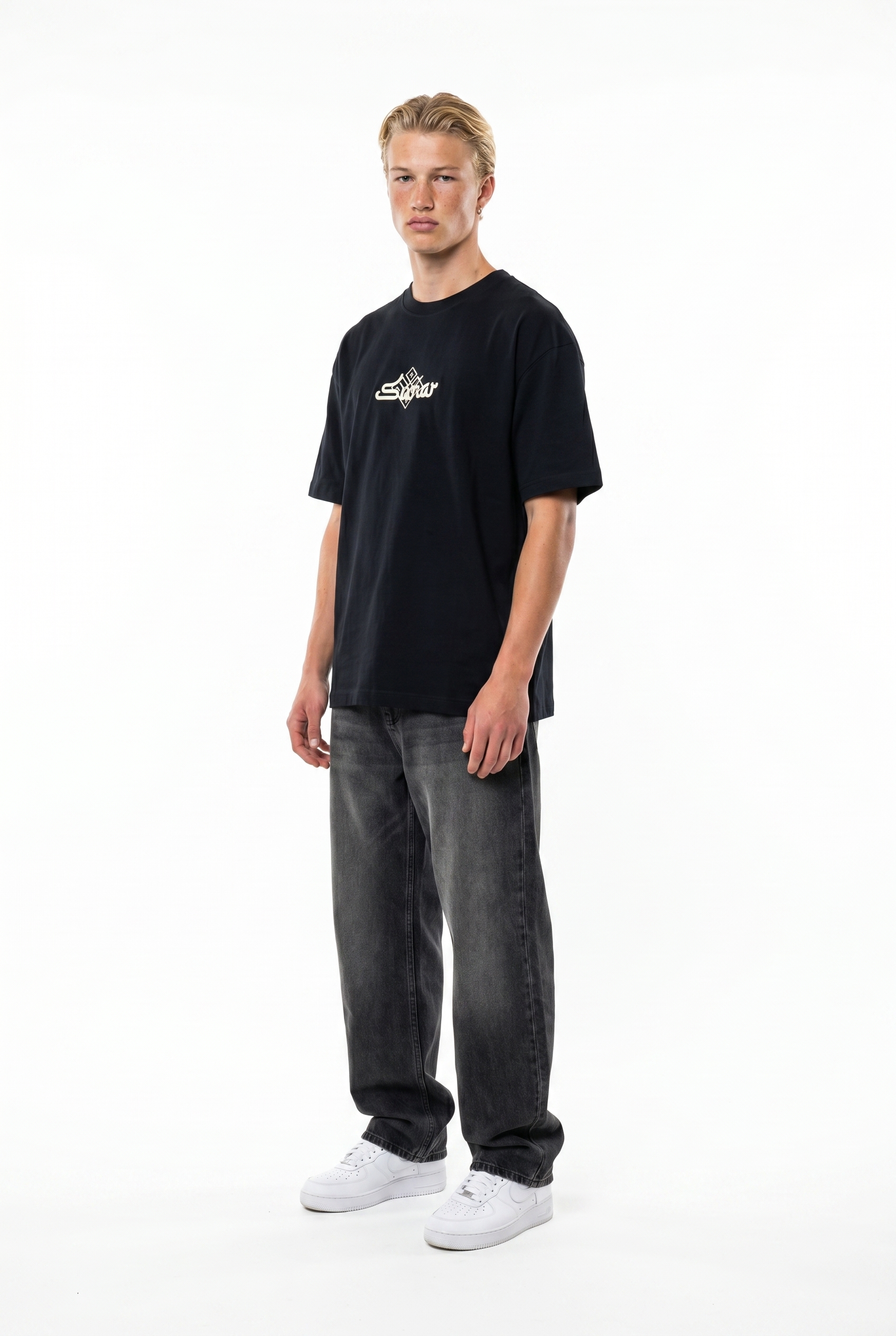 Erkek Sonar Nakış Detaylı Oversize T-Shirt Siyah