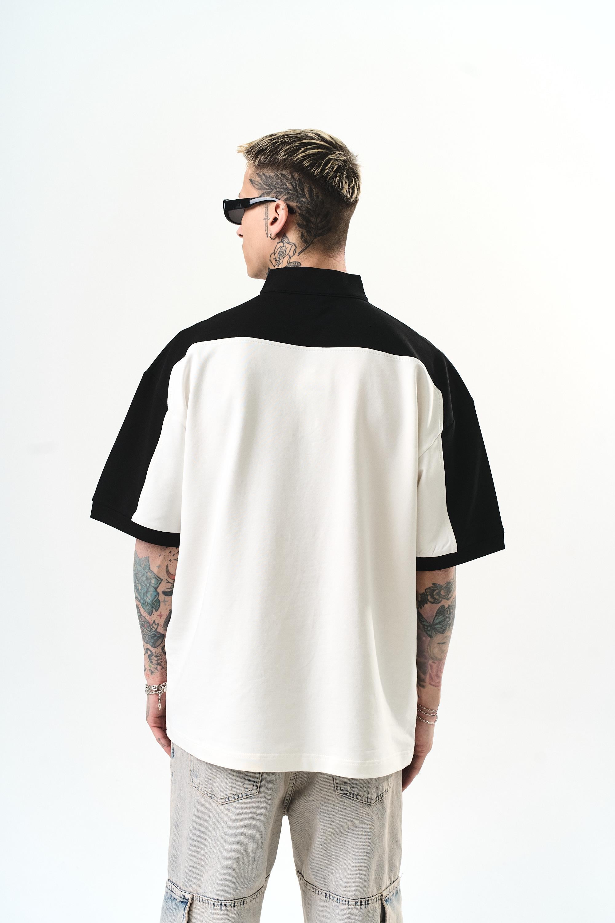 Erkek Studio Nakışlı Yarım Fermuarlı Oversize T-Shirt Ekru