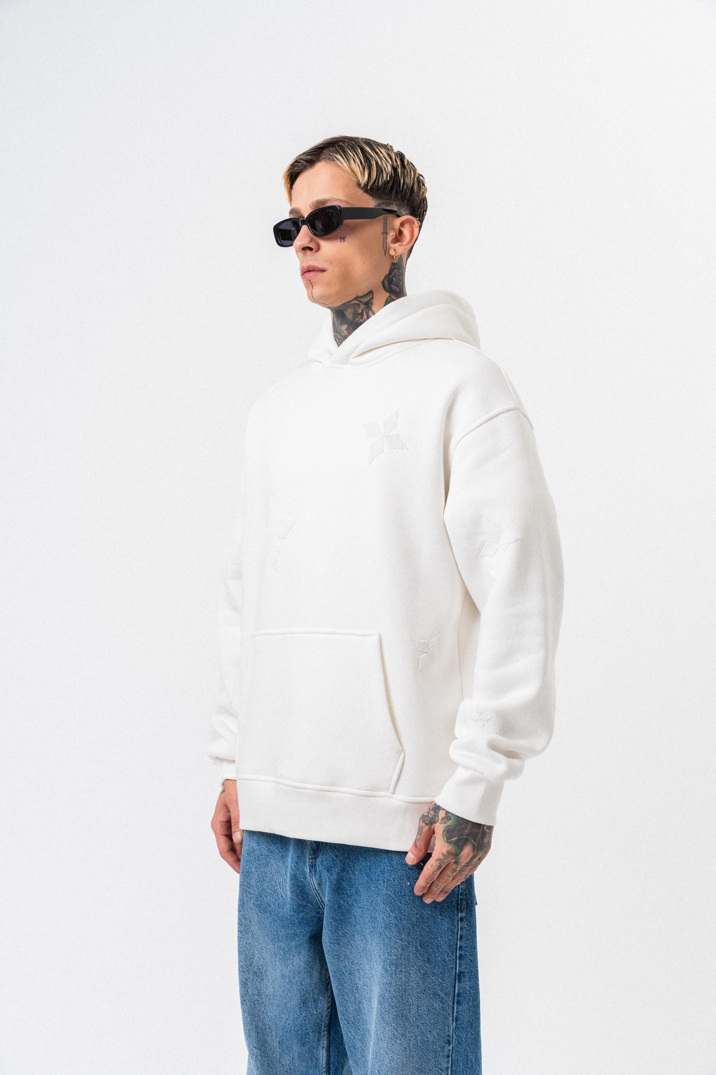 Erkek Süzene Nakış Detaylı Kapüşonlu Oversize Hoodie Ekru