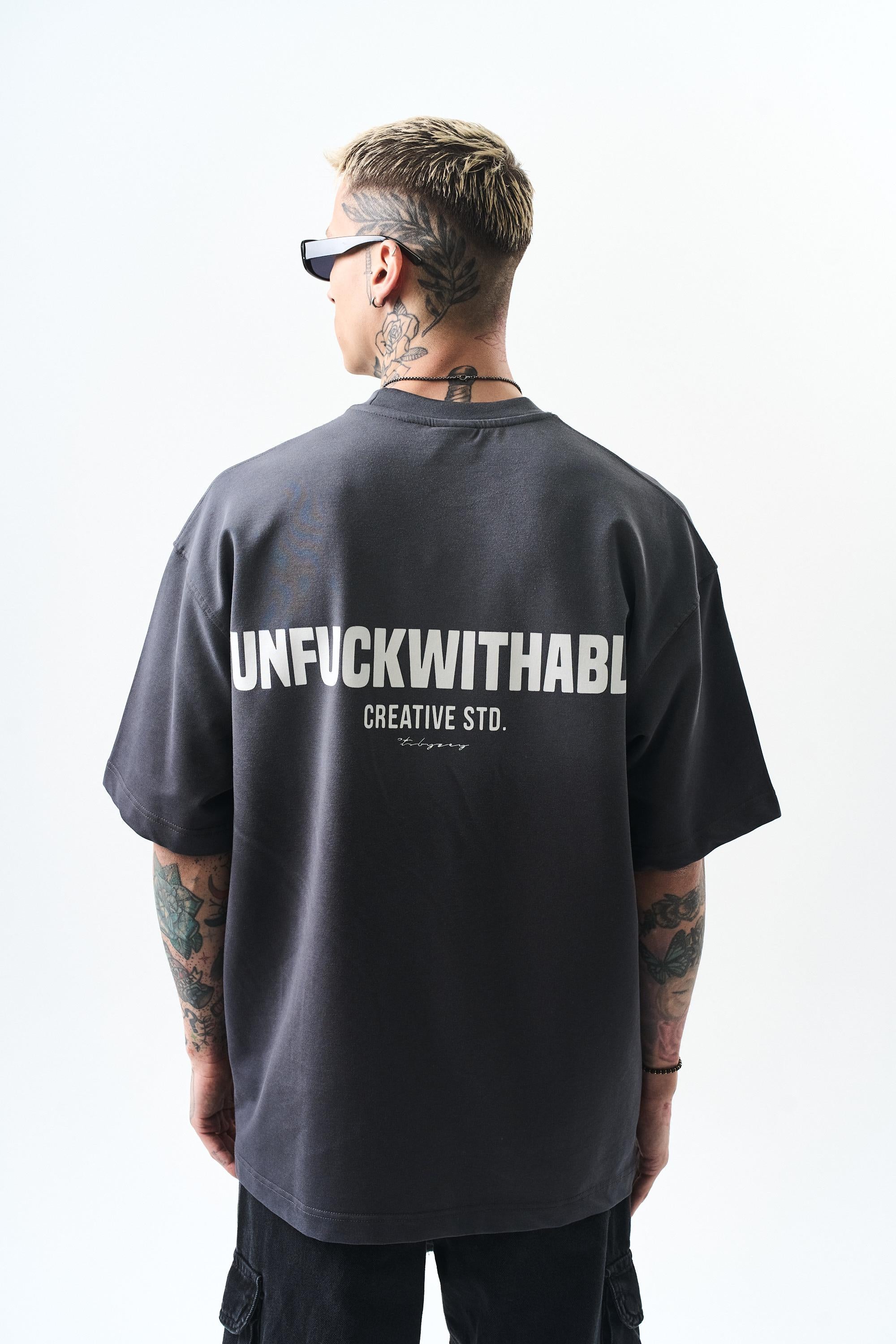 Erkek Unfuckwithable Baskılı Oversize T-Shirt Füme