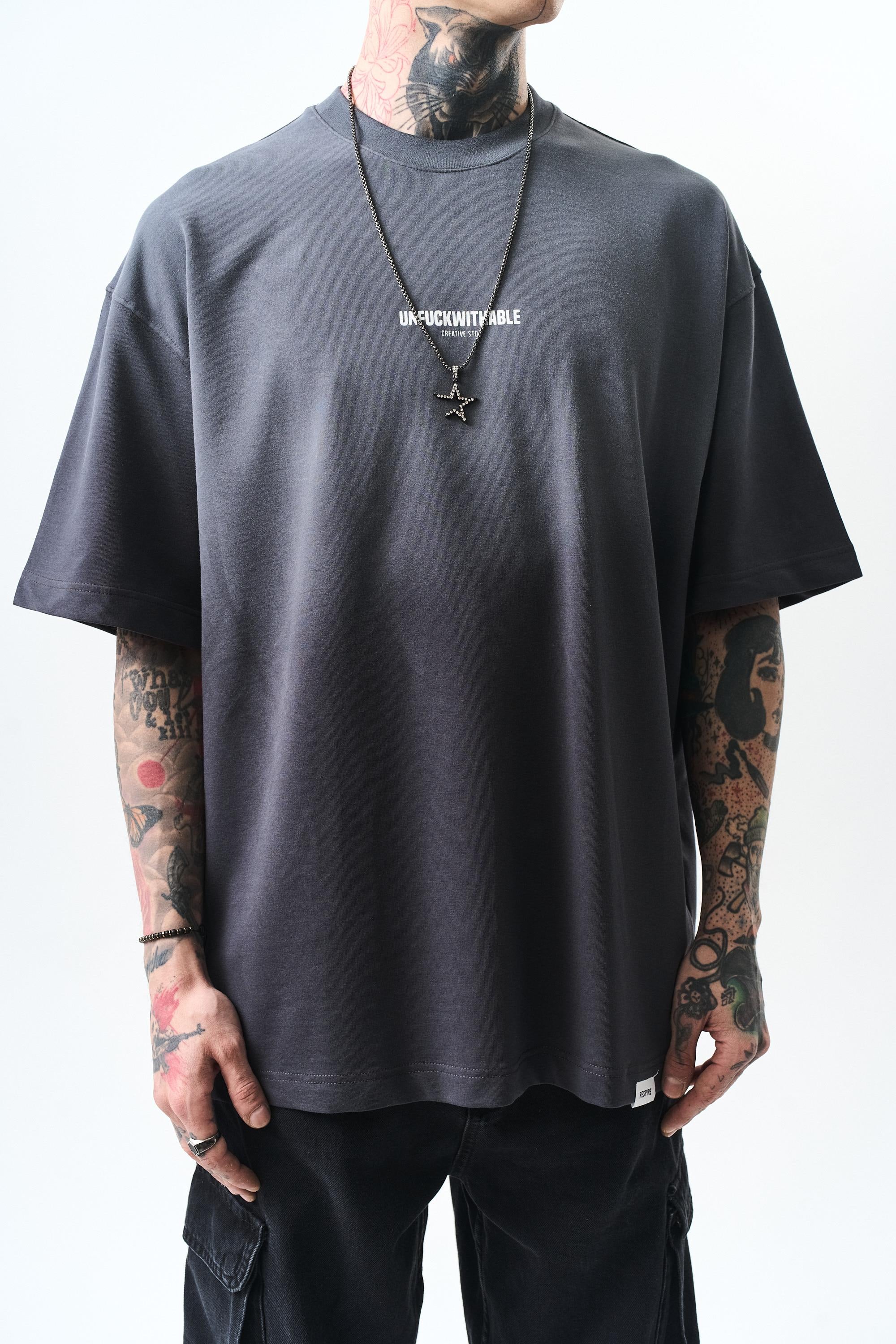 Erkek Unfuckwithable Baskılı Oversize T-Shirt Füme