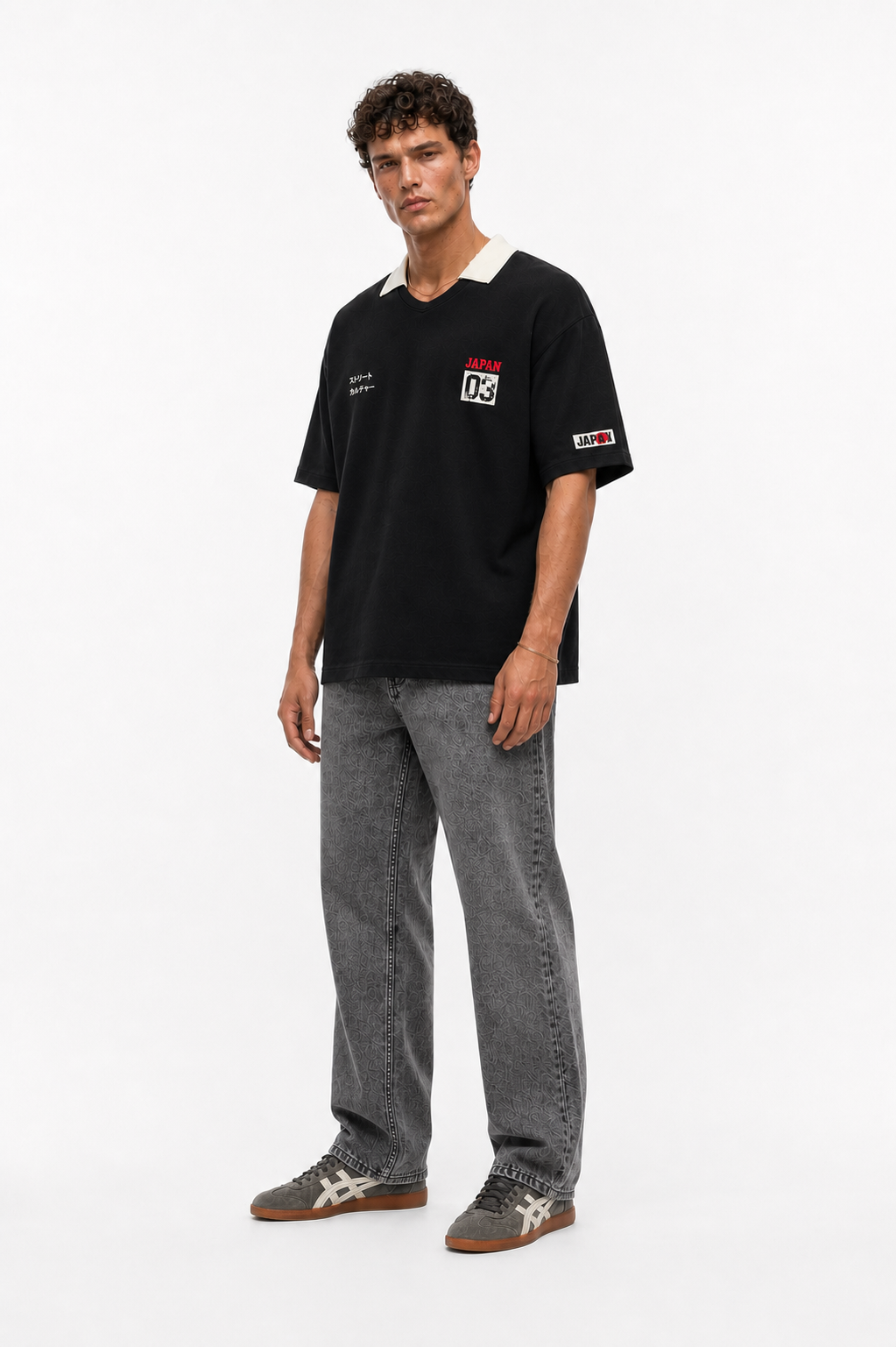 Erkek Yaka Detaylı Oversize T-Shirt Siyah