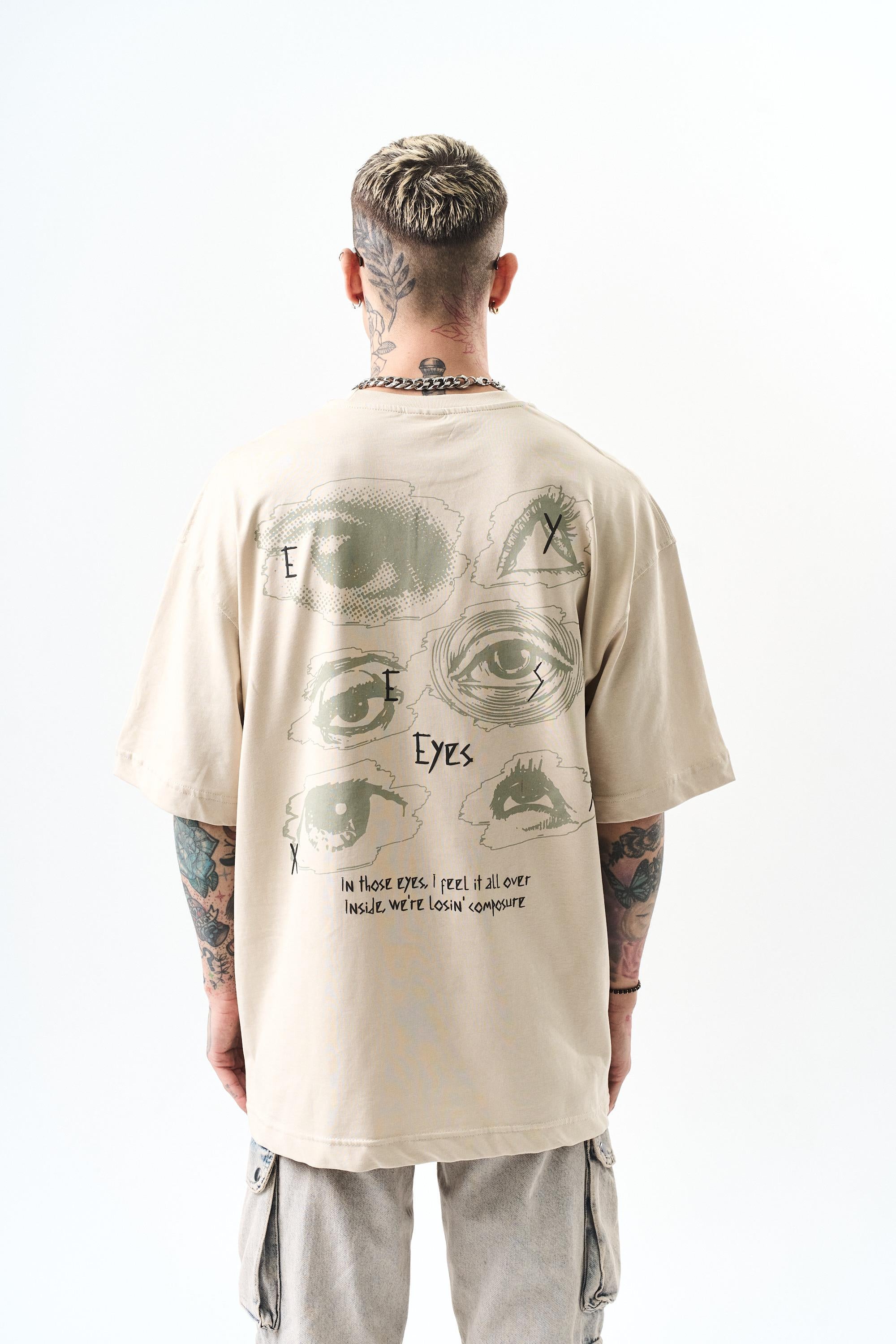 Erkek Eyes Baskılı Oversize T-Shirt Bej