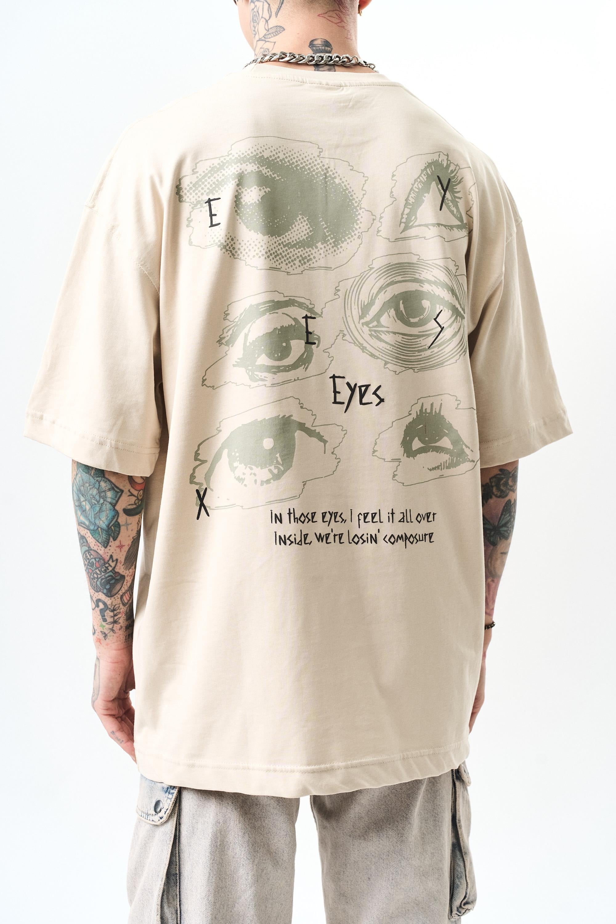 Erkek Eyes Baskılı Oversize T-Shirt Bej