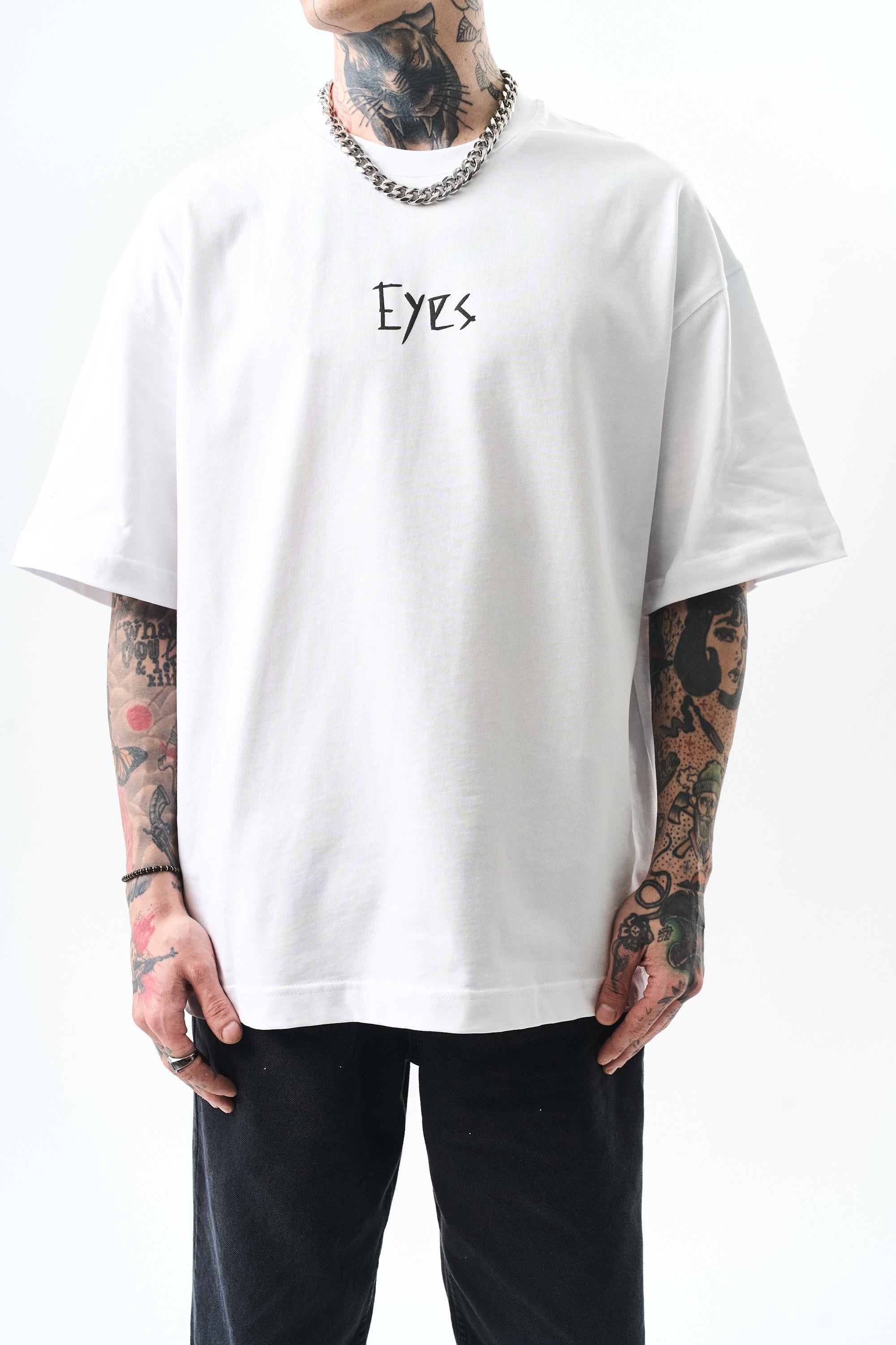 Erkek Eyes Baskılı Oversize T-Shirt Beyaz