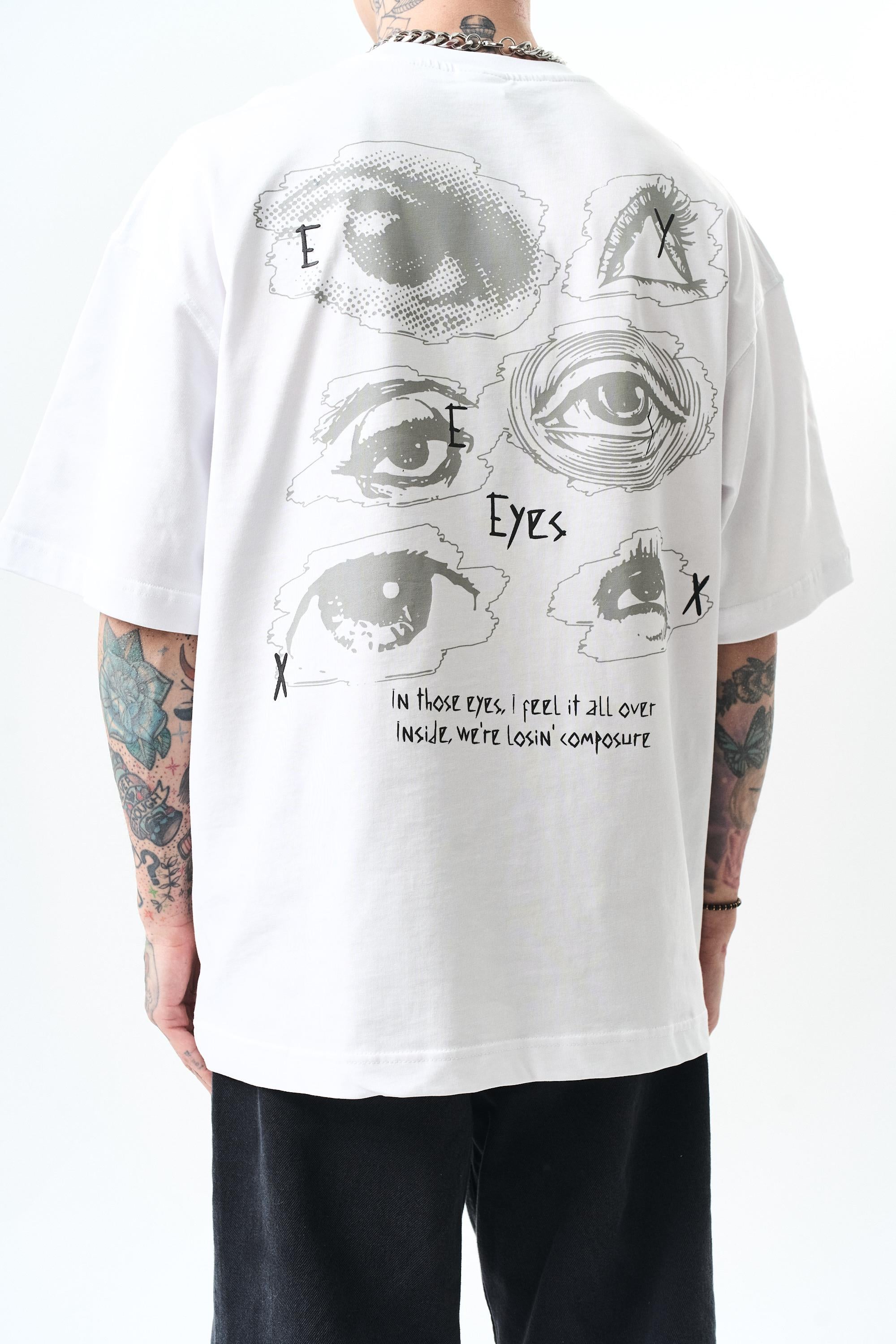 Erkek Eyes Baskılı Oversize T-Shirt Beyaz